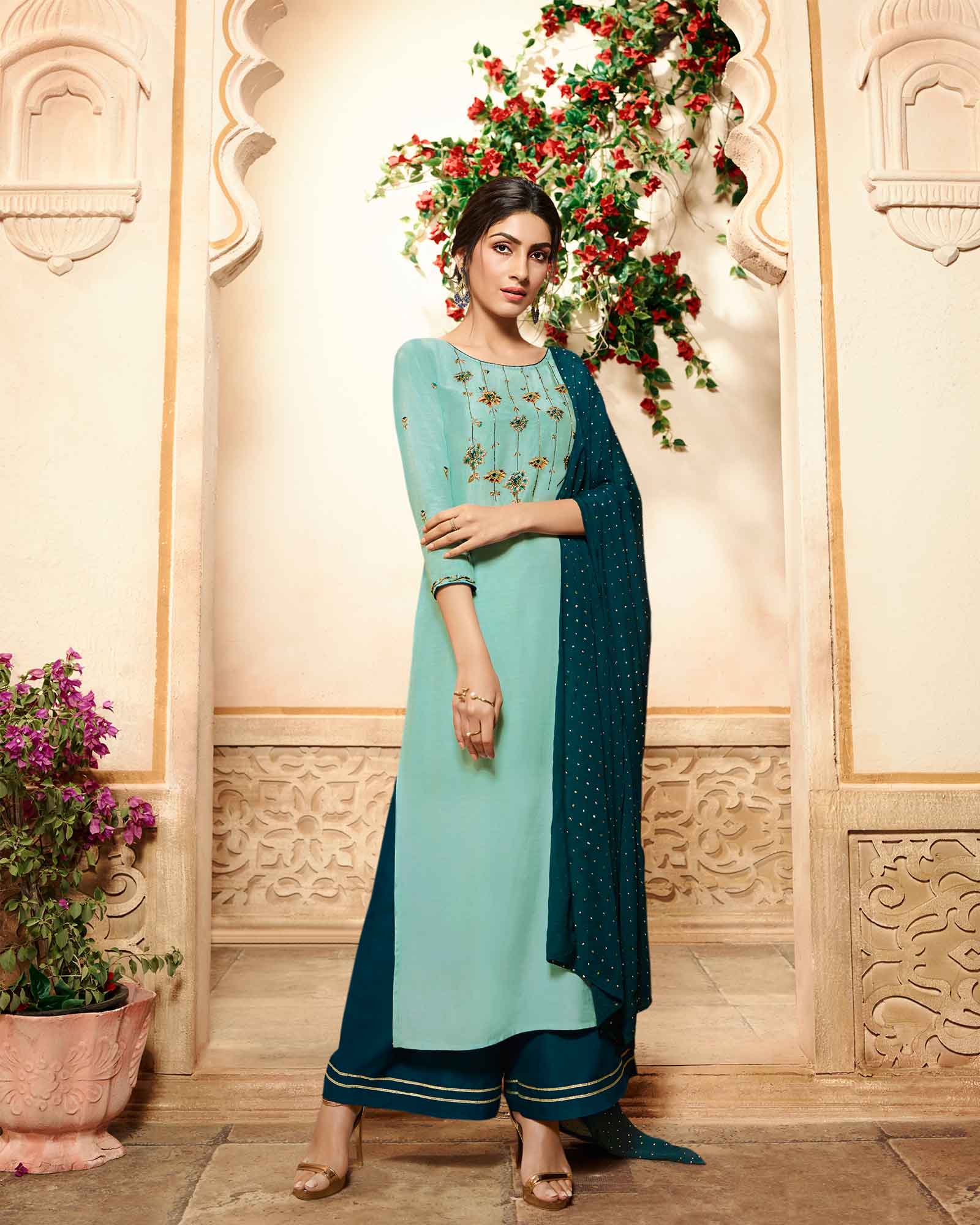 Peacock Green Kurta And Palazzo With Dupatta