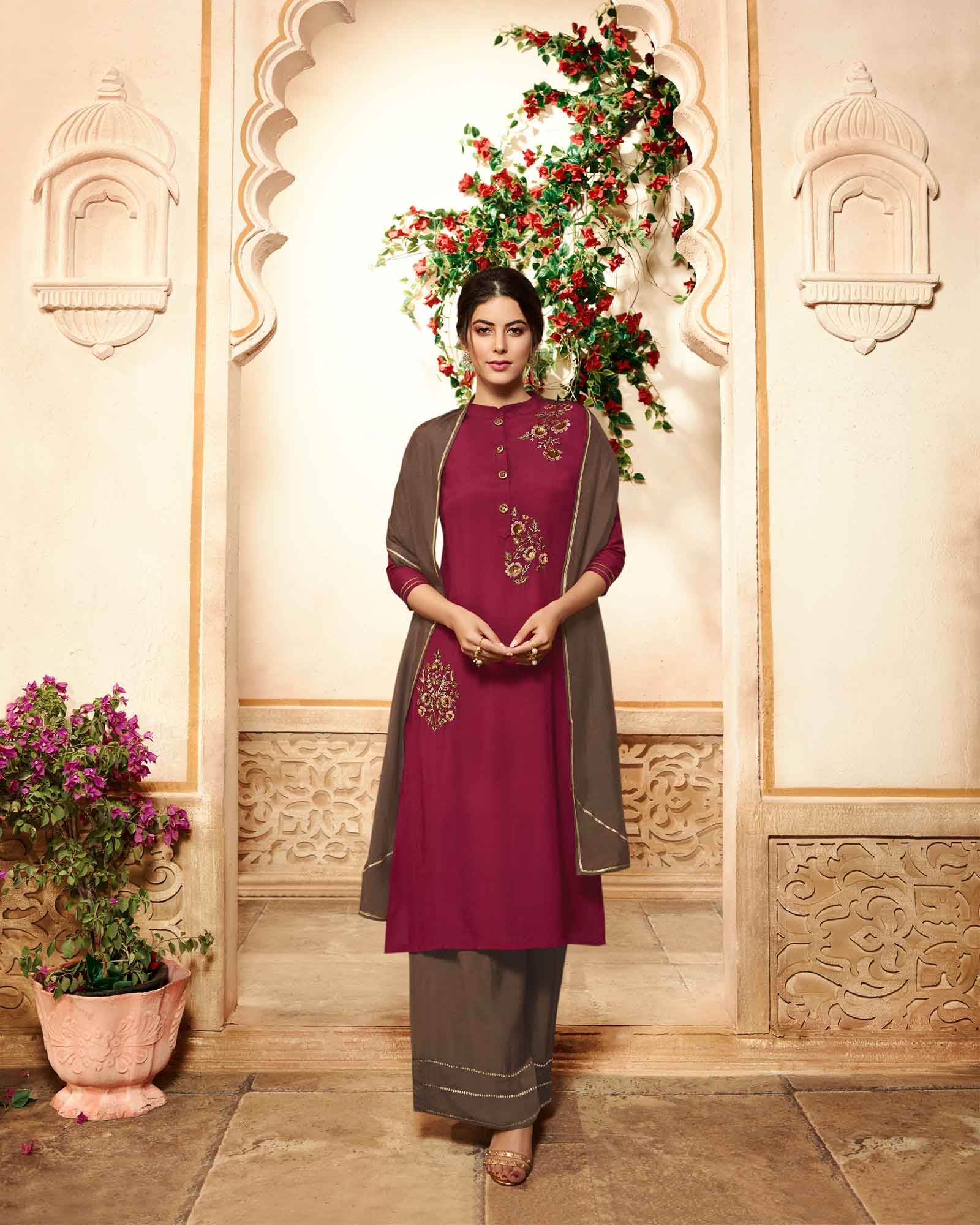 Pink Festive Wear Kurta And Palazzo With Dupatta
