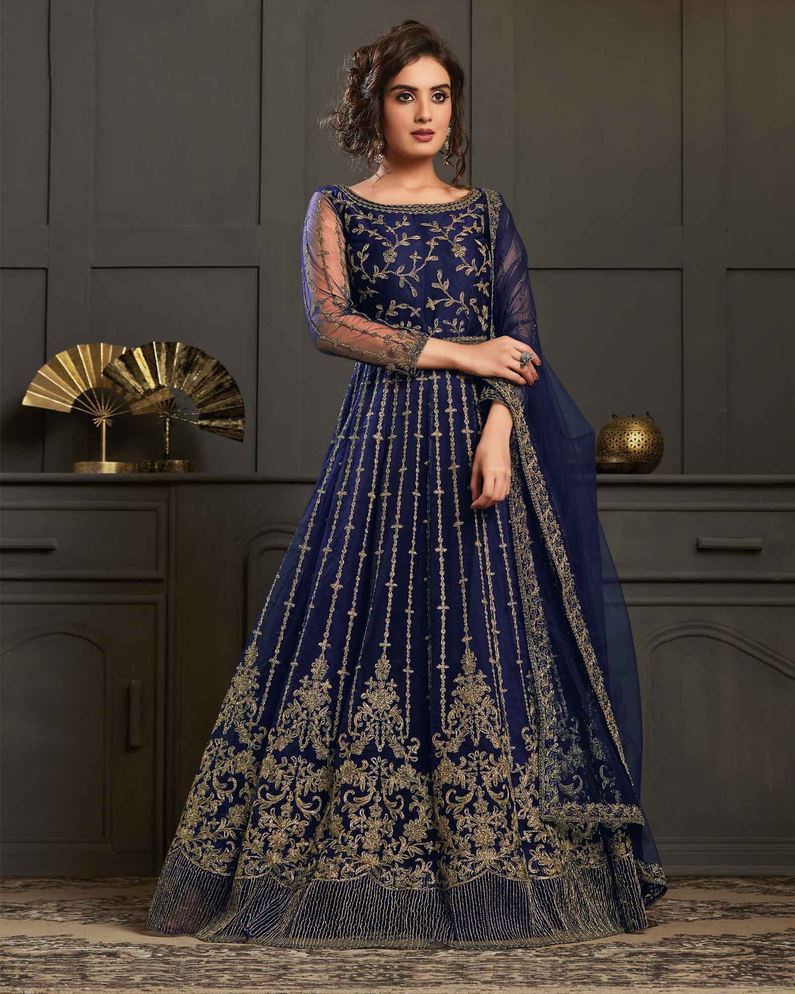 Navy Blue Net Embroidered Long Anarkali Suit 