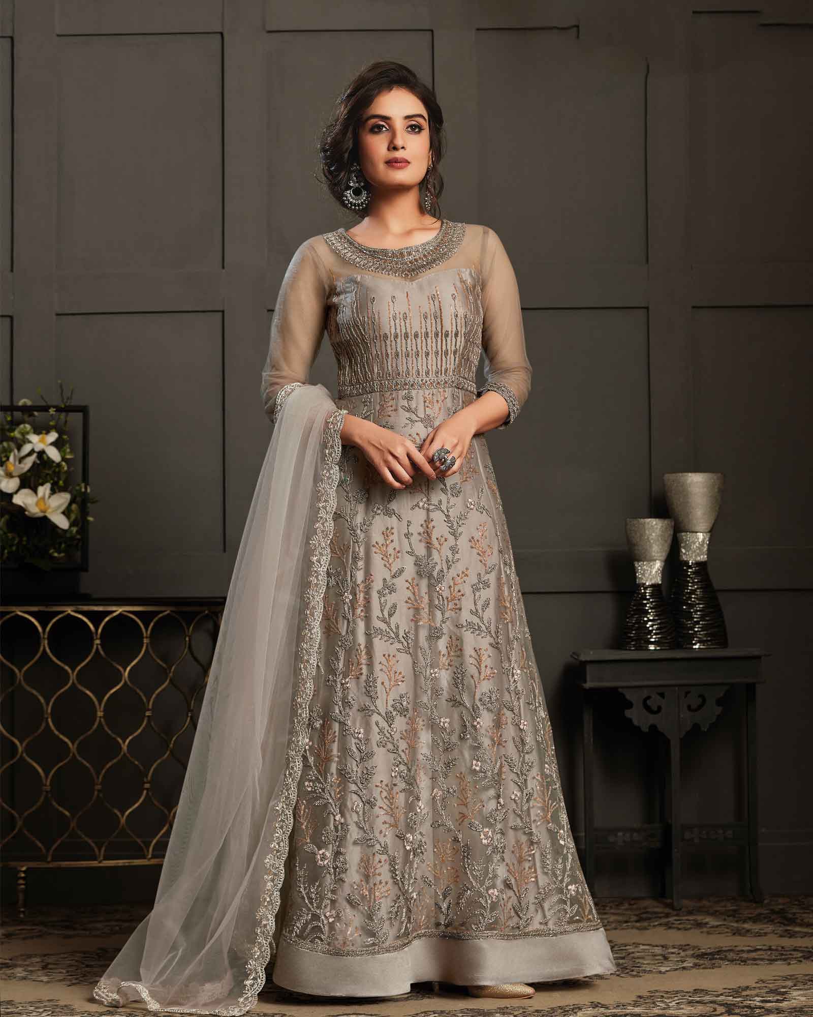 Grey Net Embroidered Long Anarkali Suit