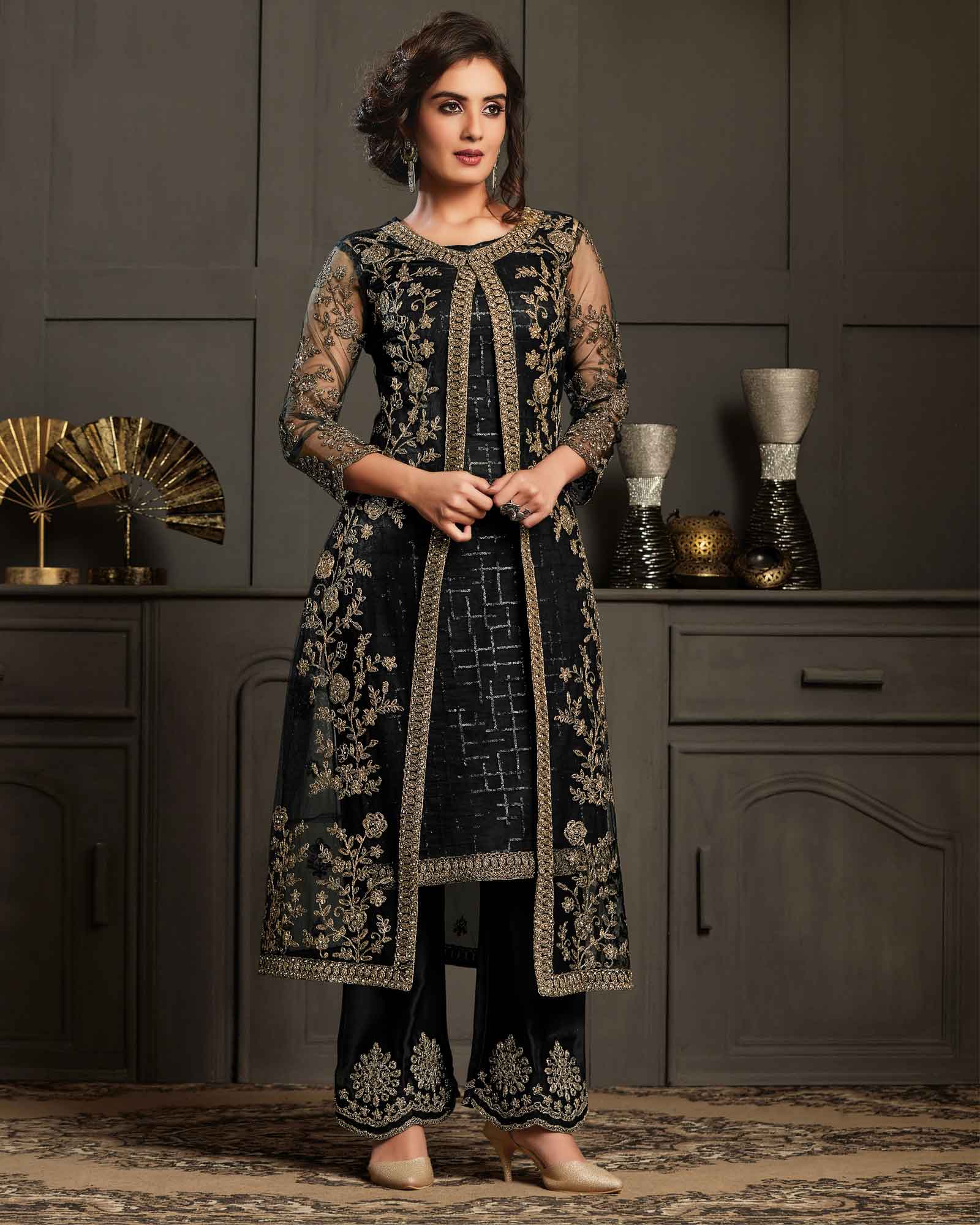 Black Net Embroidered Jacket Style Trouser Suit