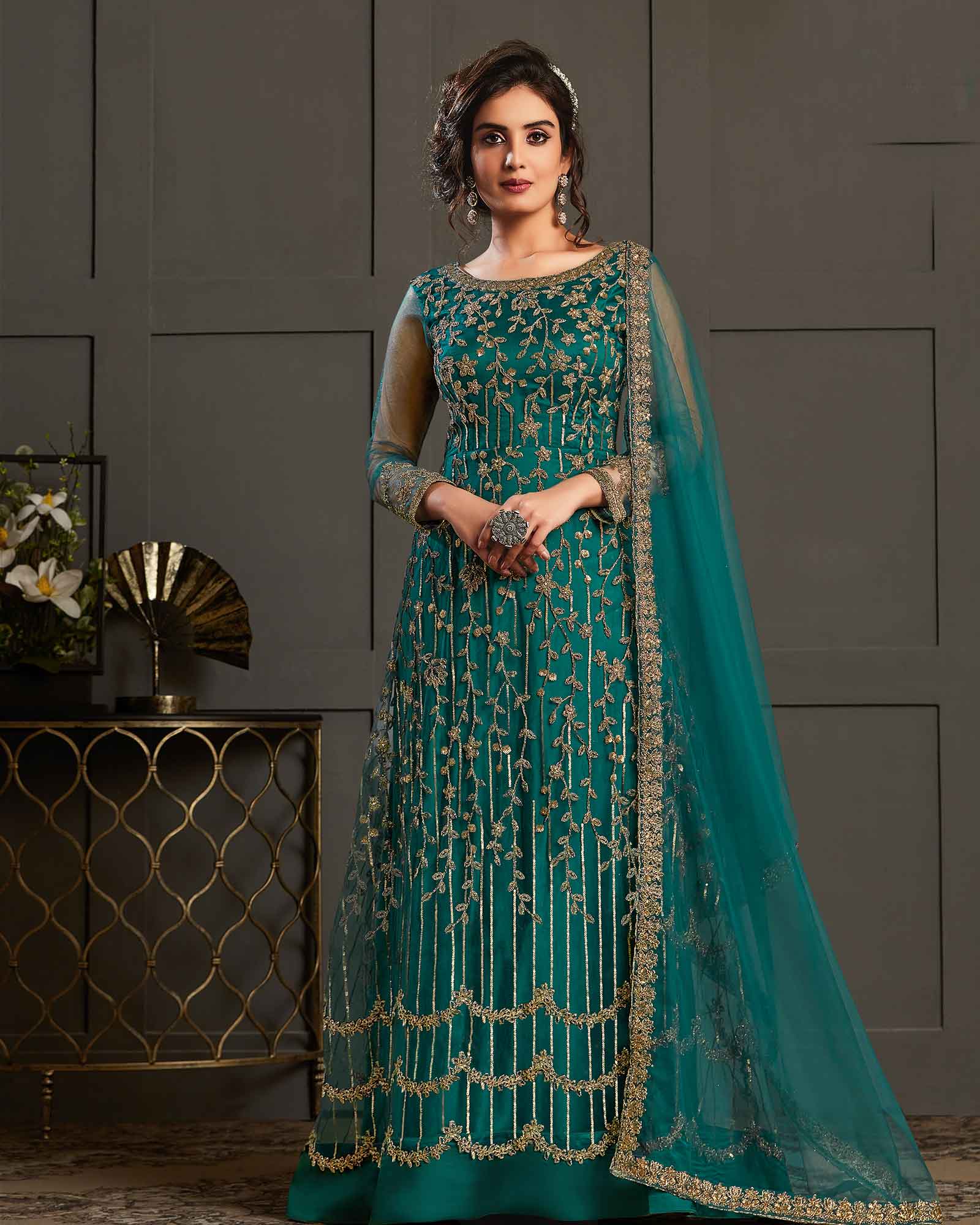 Green Embroidered Net Designer Anarkali Suit