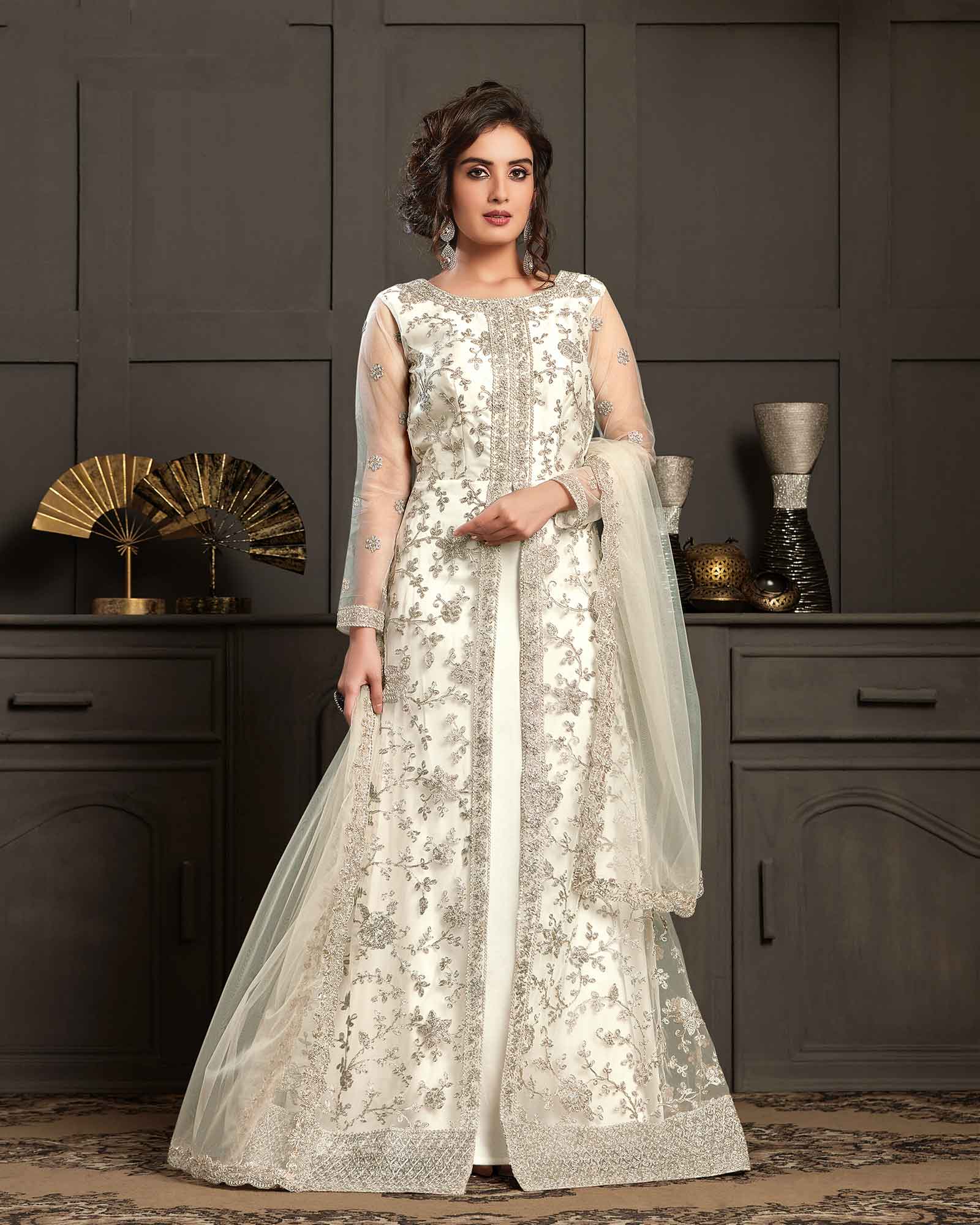 Off White Net Embroidered Front Slit Anarkali Suit 