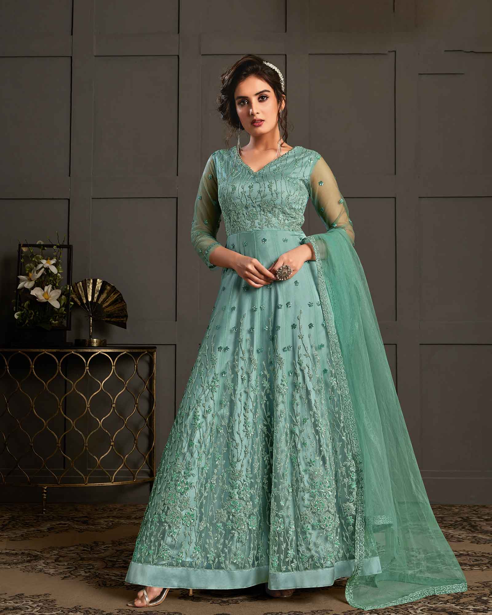 Firozi Net Embroidered Long Anarkali Suit