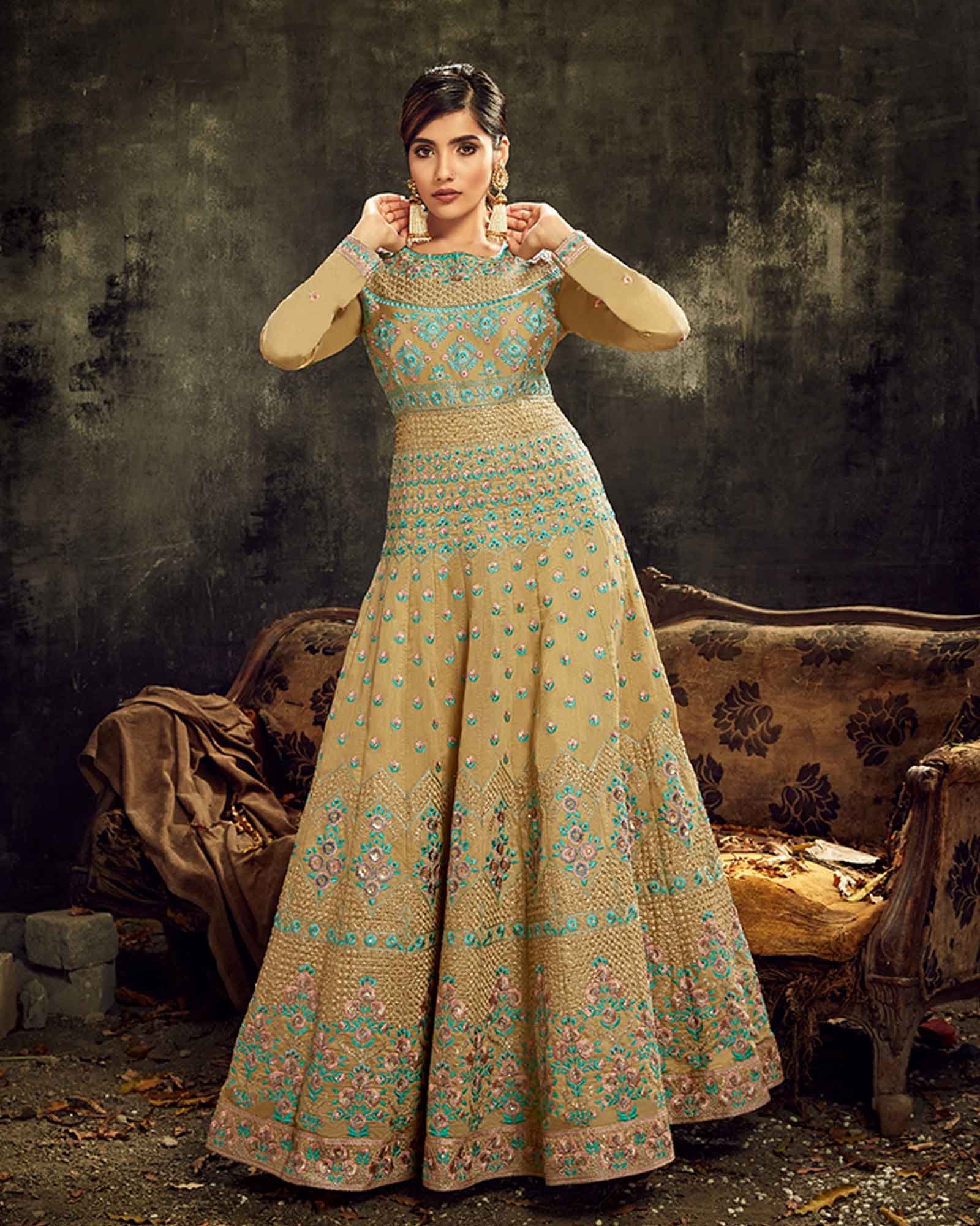 Mustard Sub Silk Embroidered Anarkali Suit