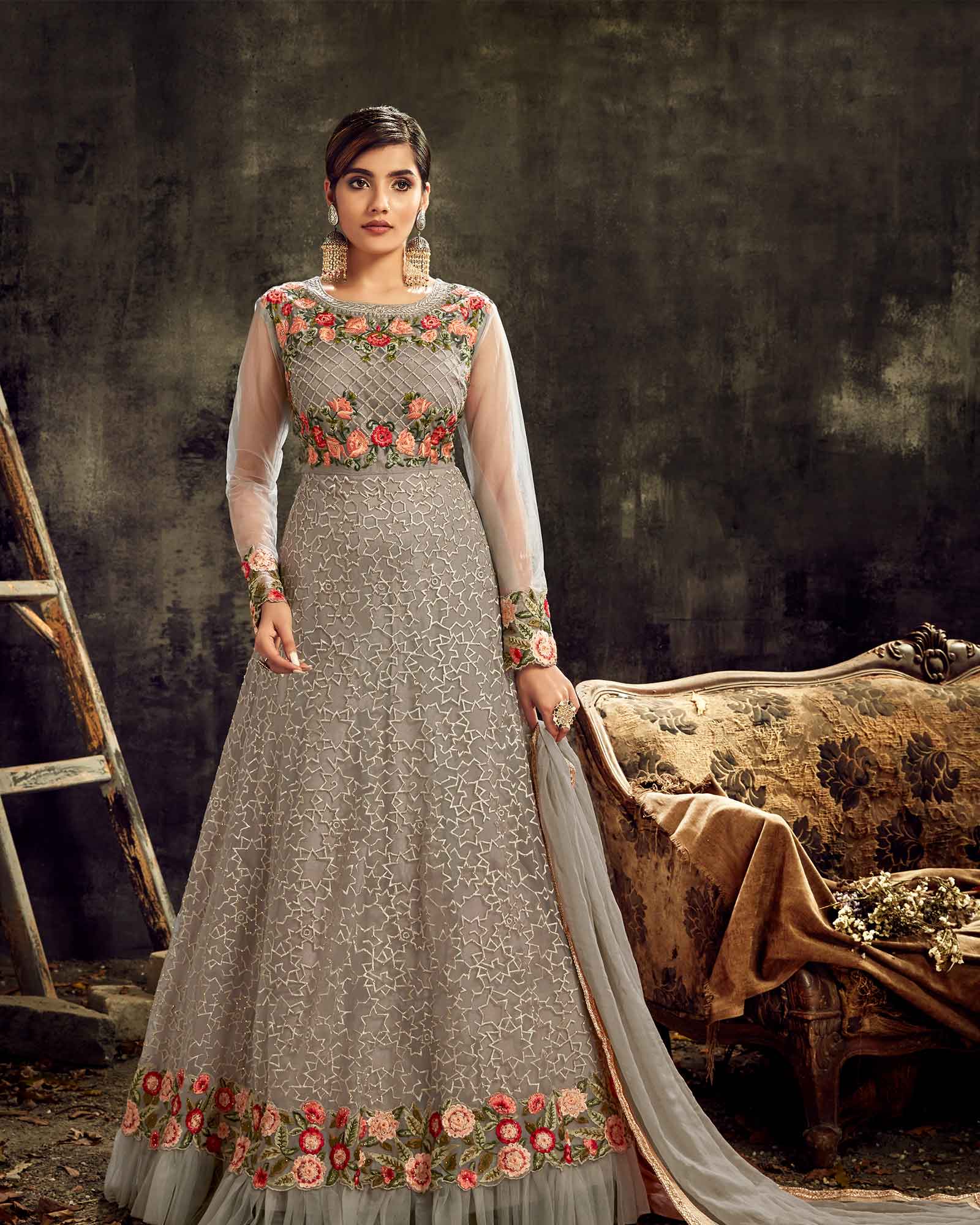 Dusty Grey Net Embroidred Anarkali Suit