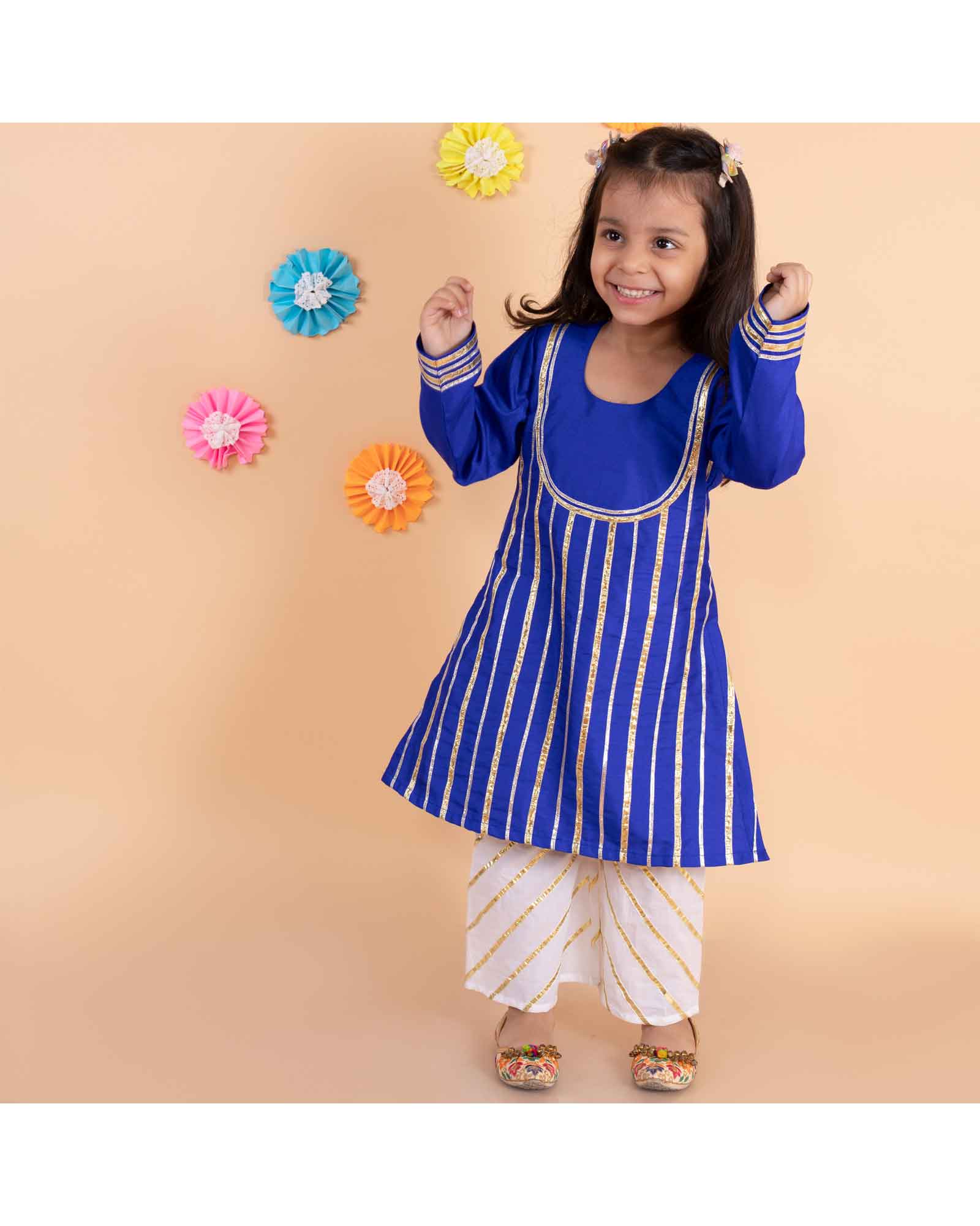 Blue A Line Gota Striped Kurta Set With White Cotton Gota Palazzo