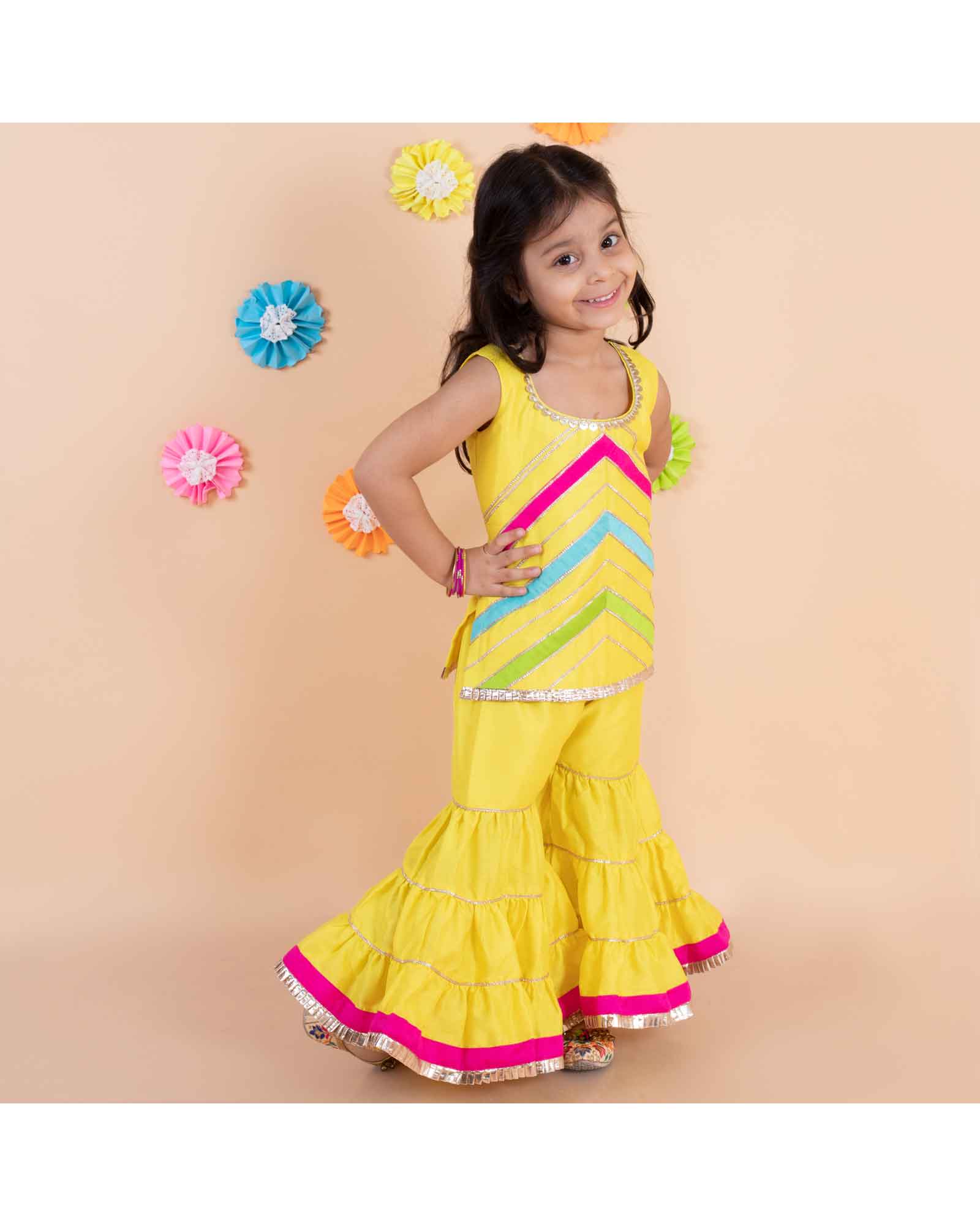 Yellow Sharara Set With Multi Colour Stripes