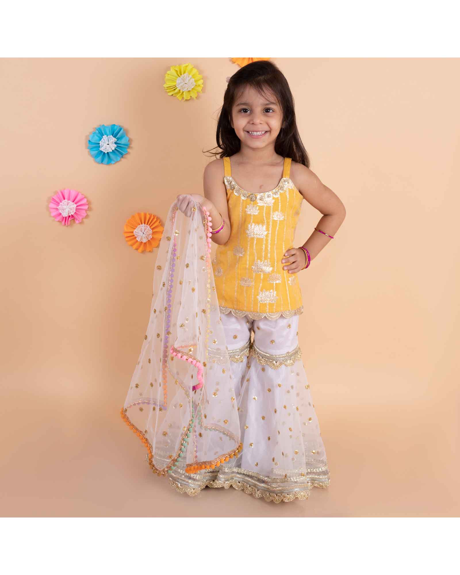 Golden Chanderi Lotus Zari Top With White Sharara Set