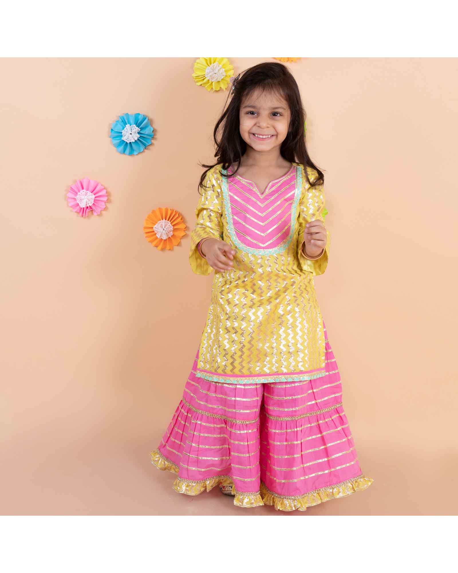 Yellow Cotton Chanderi Top With Gota Detailed Sharara Set 