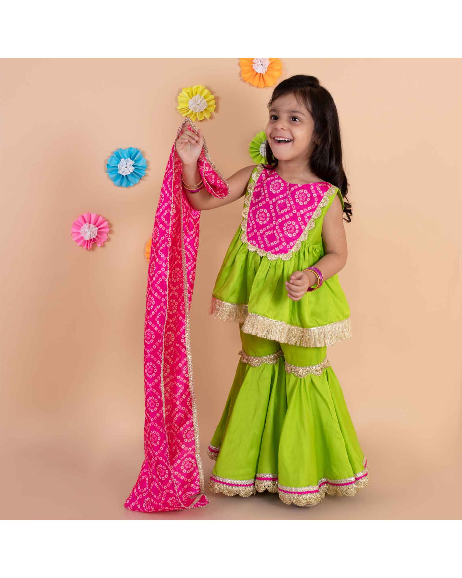 Parrot Green Sharara Set With Bandhej Neckline