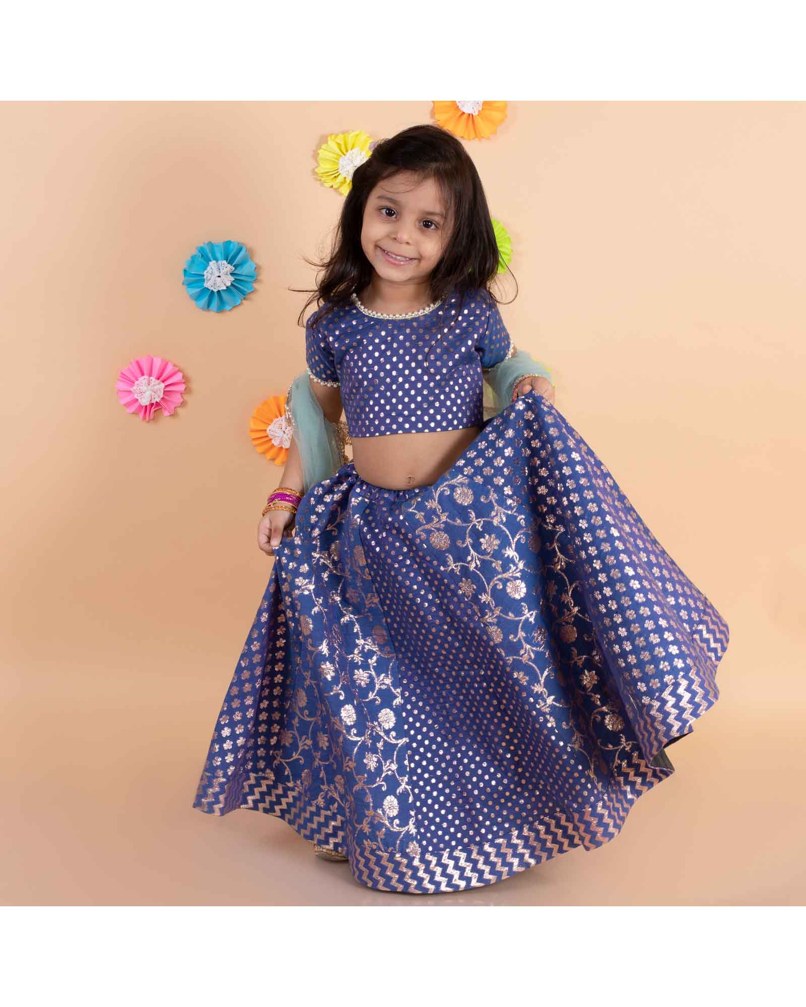 Chanderi Blue Lehnga Set With Dust Mint Dupatta