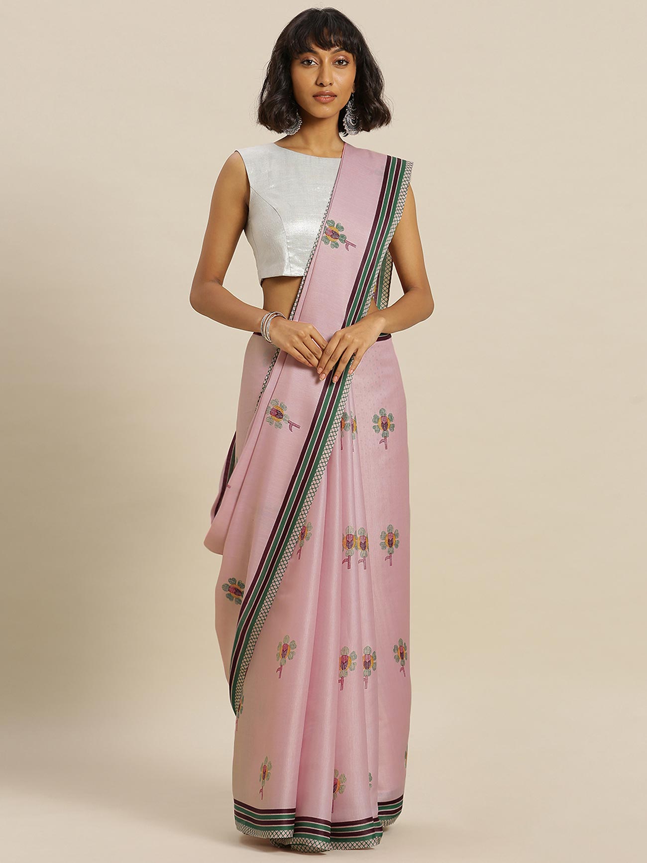 Pink Tussar Silk Printed Saree