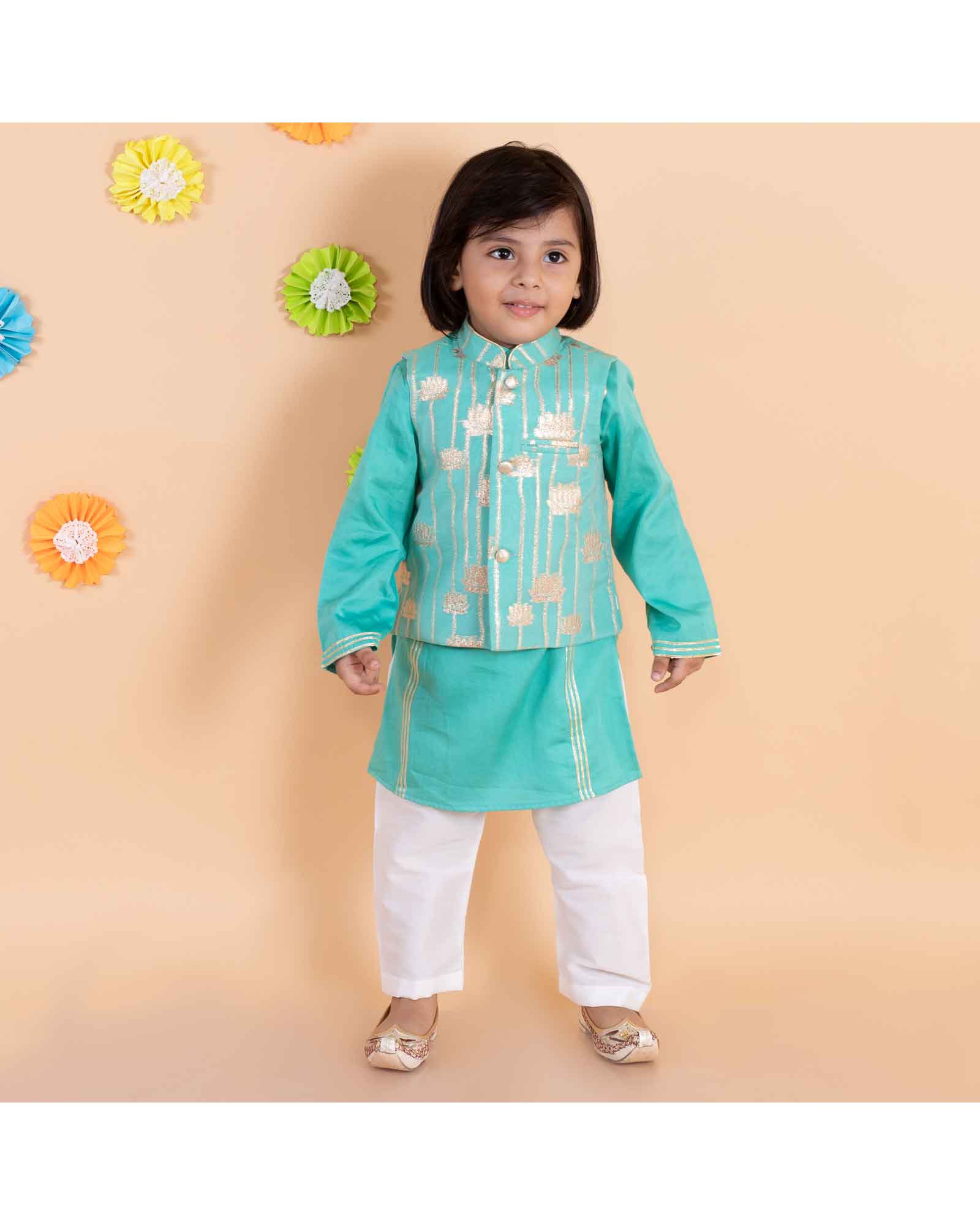 Turquoise Golden Lotus Nehru Jacket Kurta Set