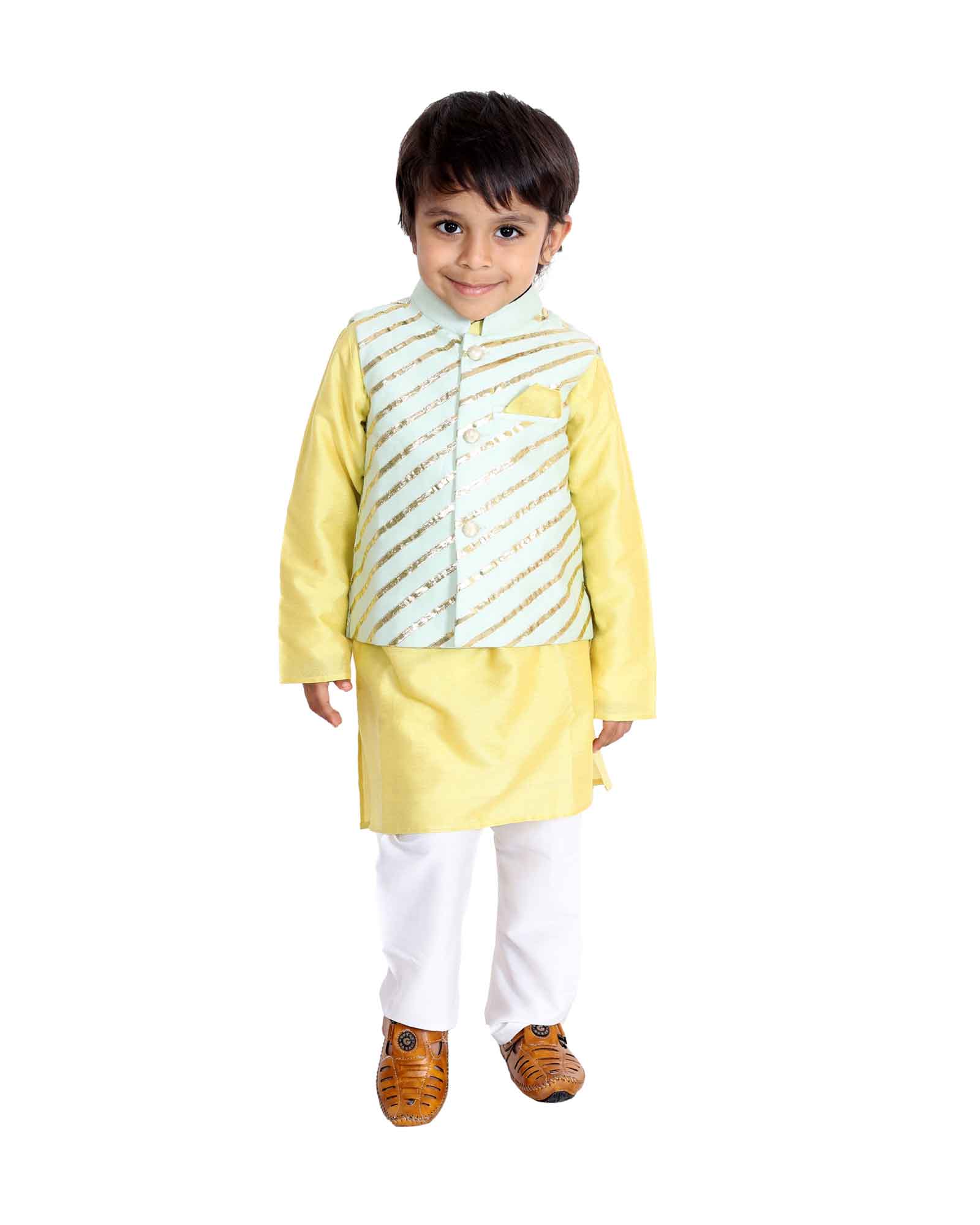 Mint Striped Nehru Jacket With Yellow Kurta Set