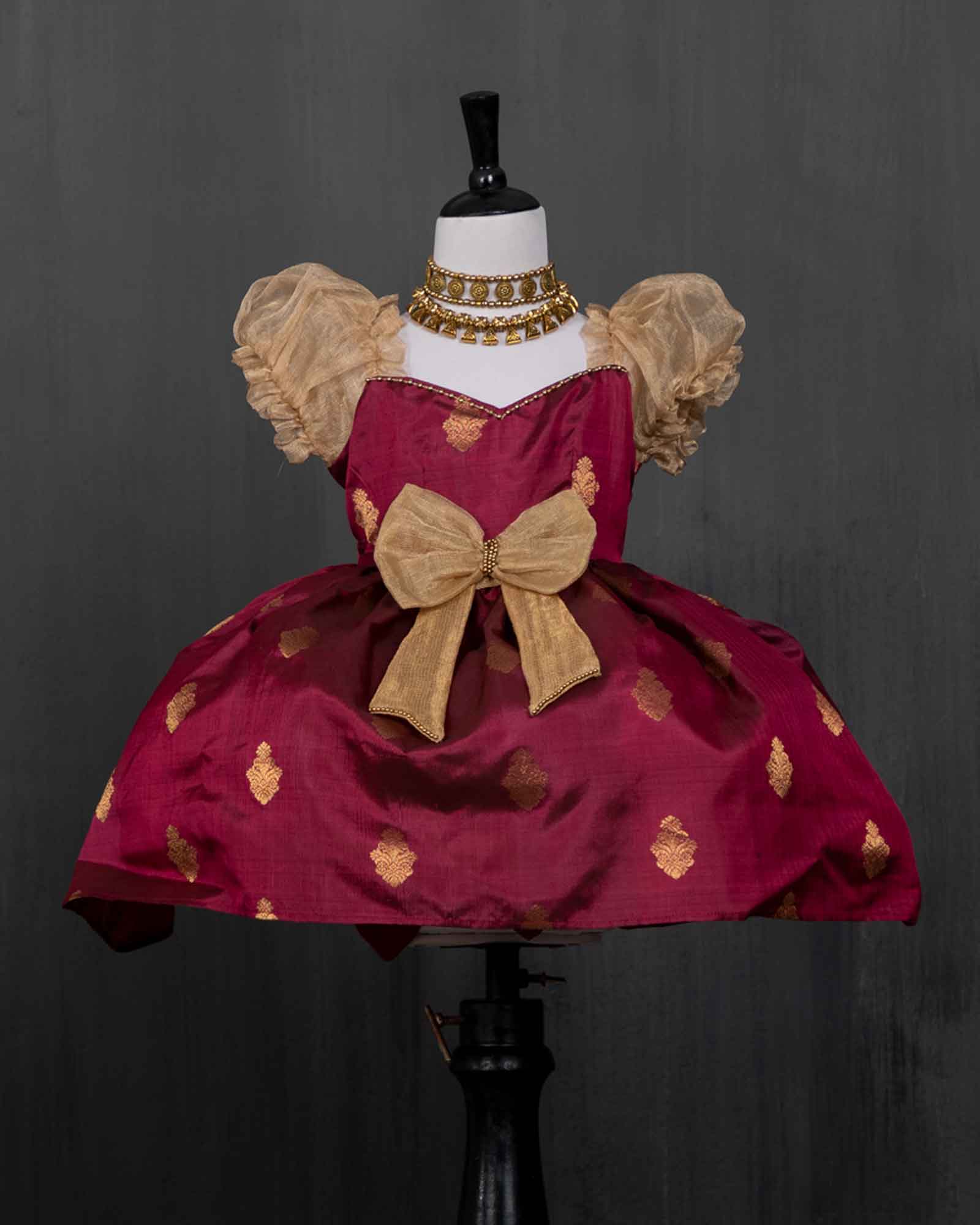 Plum Kanjivaram Silk Knee length Gown With Gold Tissue Sleeves