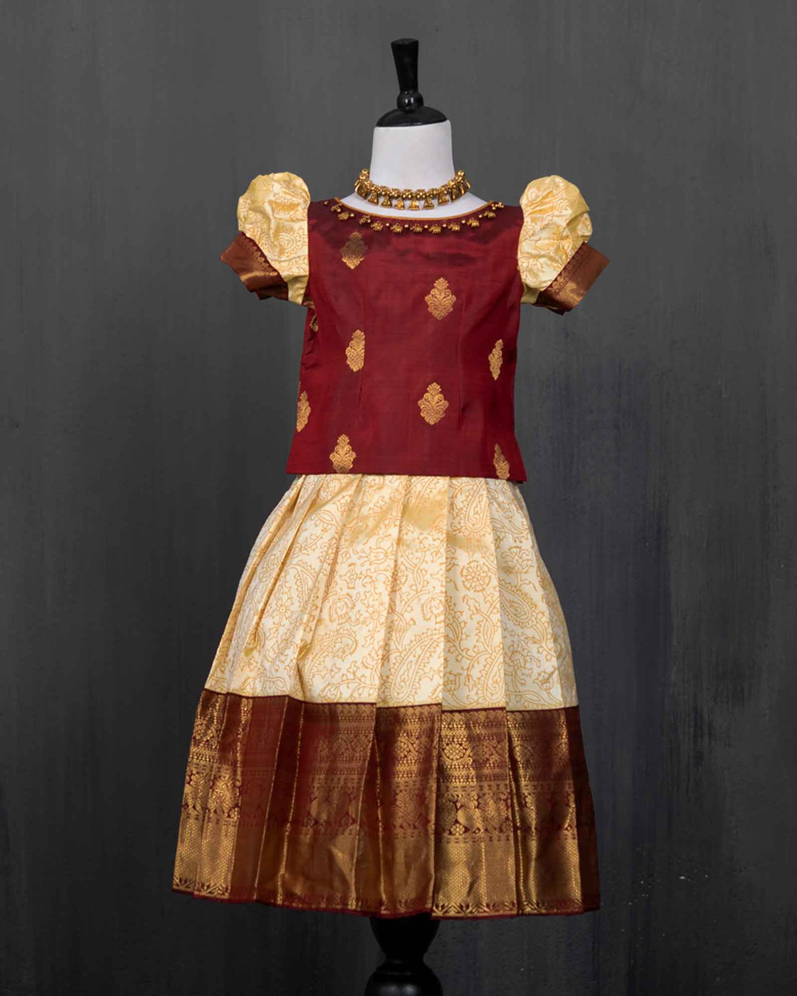 Elephant Embroidered Maroon And Ivory Kanjivaram Silk Pattu Pavadai