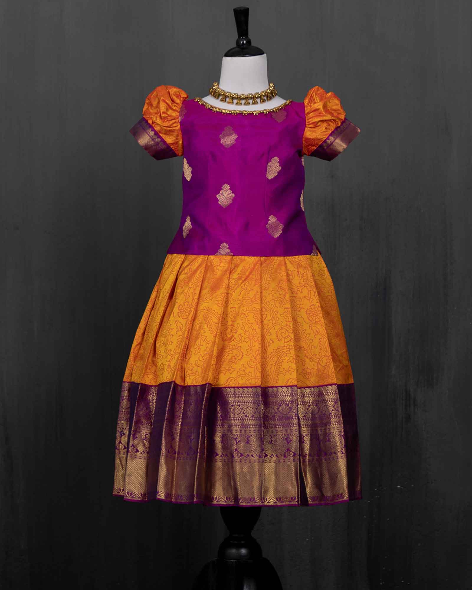 Elephant Beaded Bottle Magenta And Mango Yellow Kanjivaram Pattu Pavadai