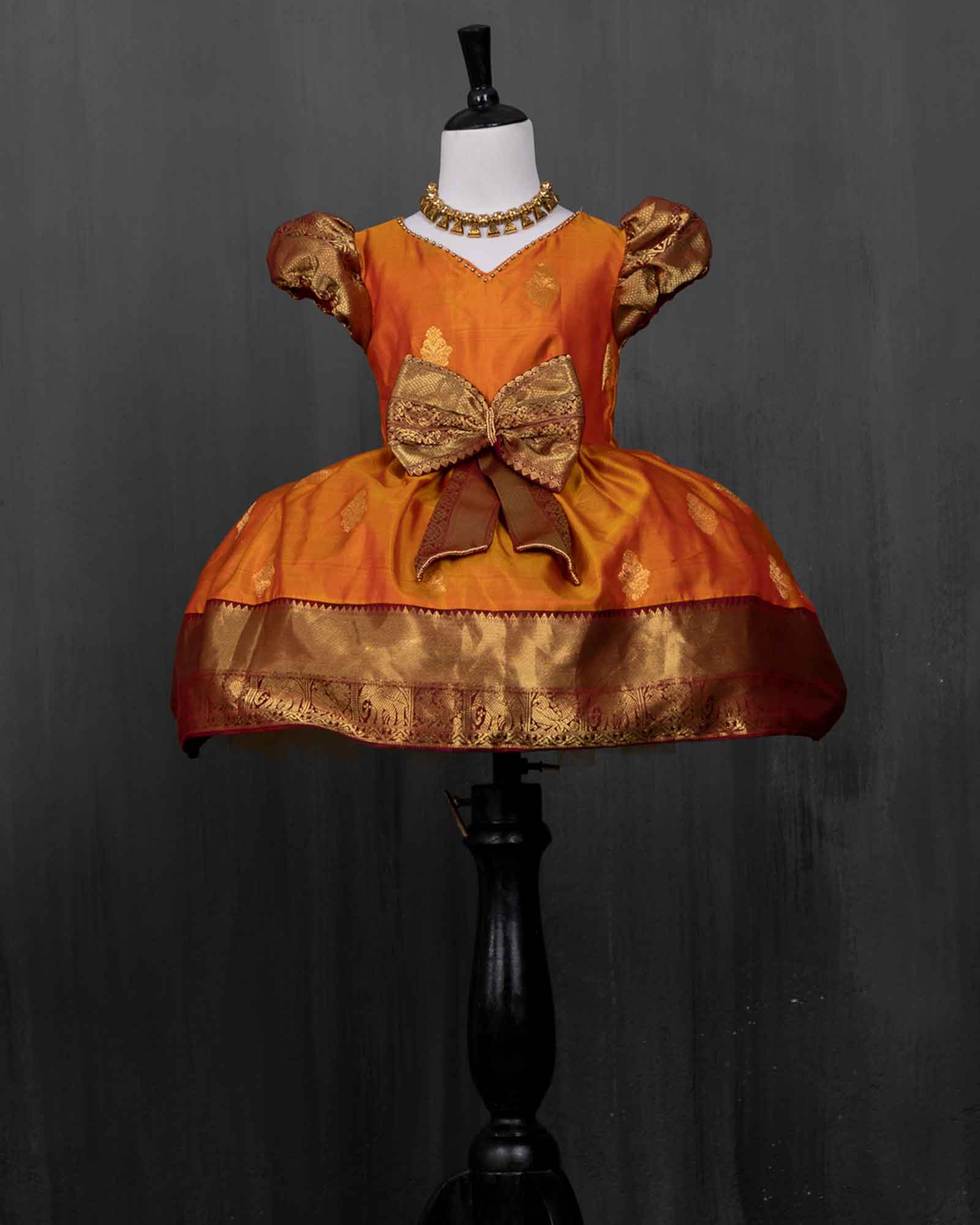 Mango Yellow And Maroon Kanjivaram Silk Knee length Gown