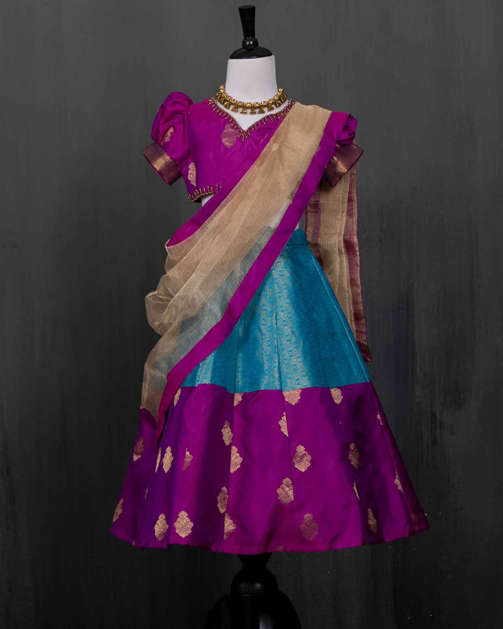 Hand embroidered Magenta and Blue Kanjivaram Silk Lehenga Choli
