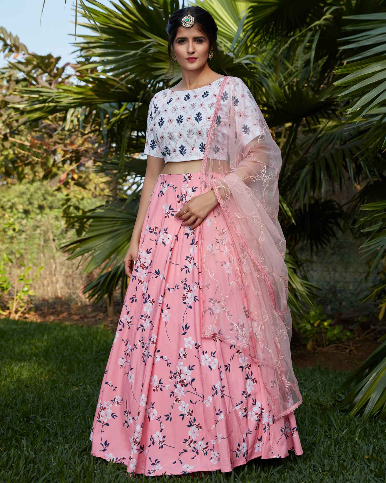 Baby Pink Floral Printed Lehenga Choli With Dupatta