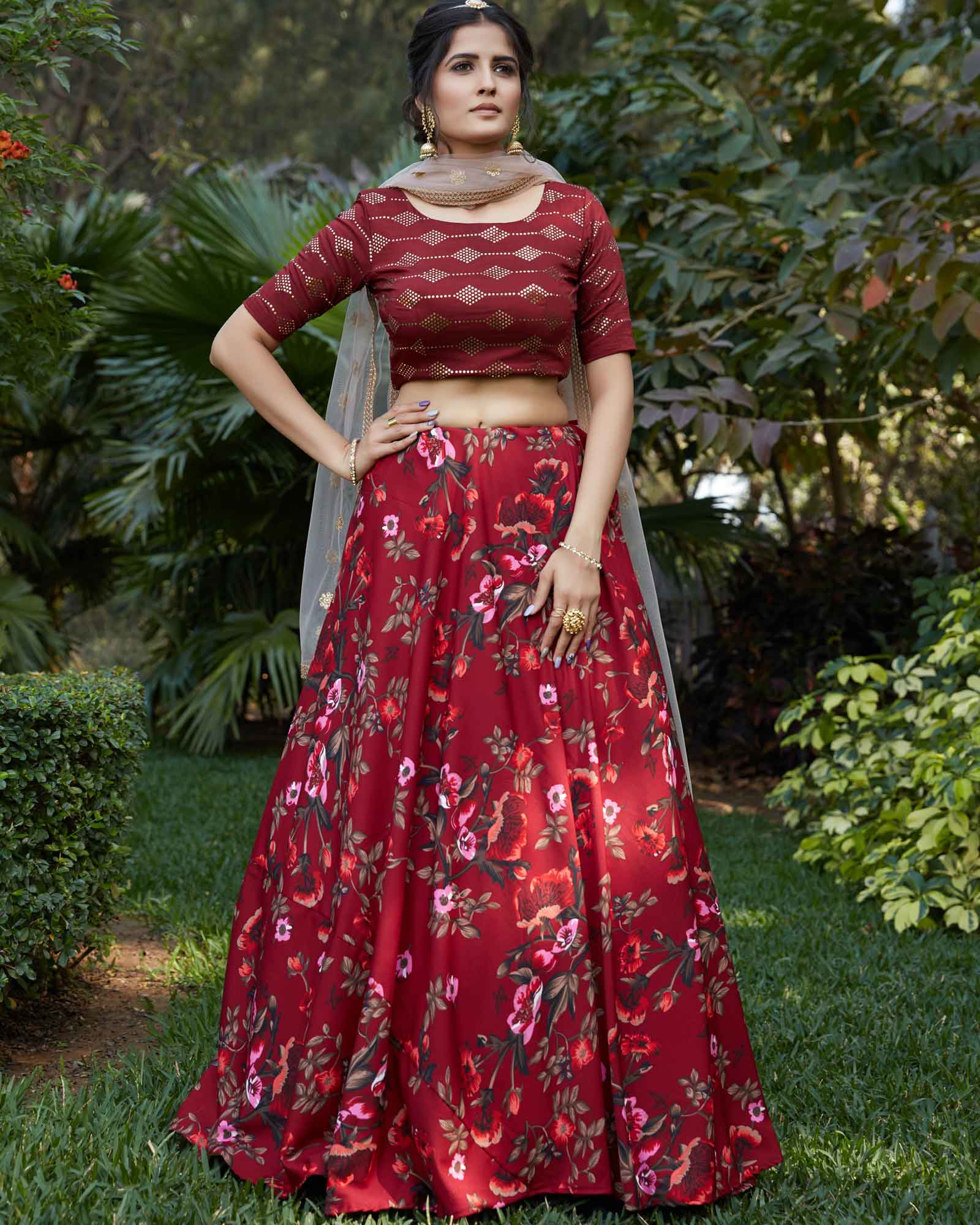 Red Floral Printed Lehenga Choli With Dupatta