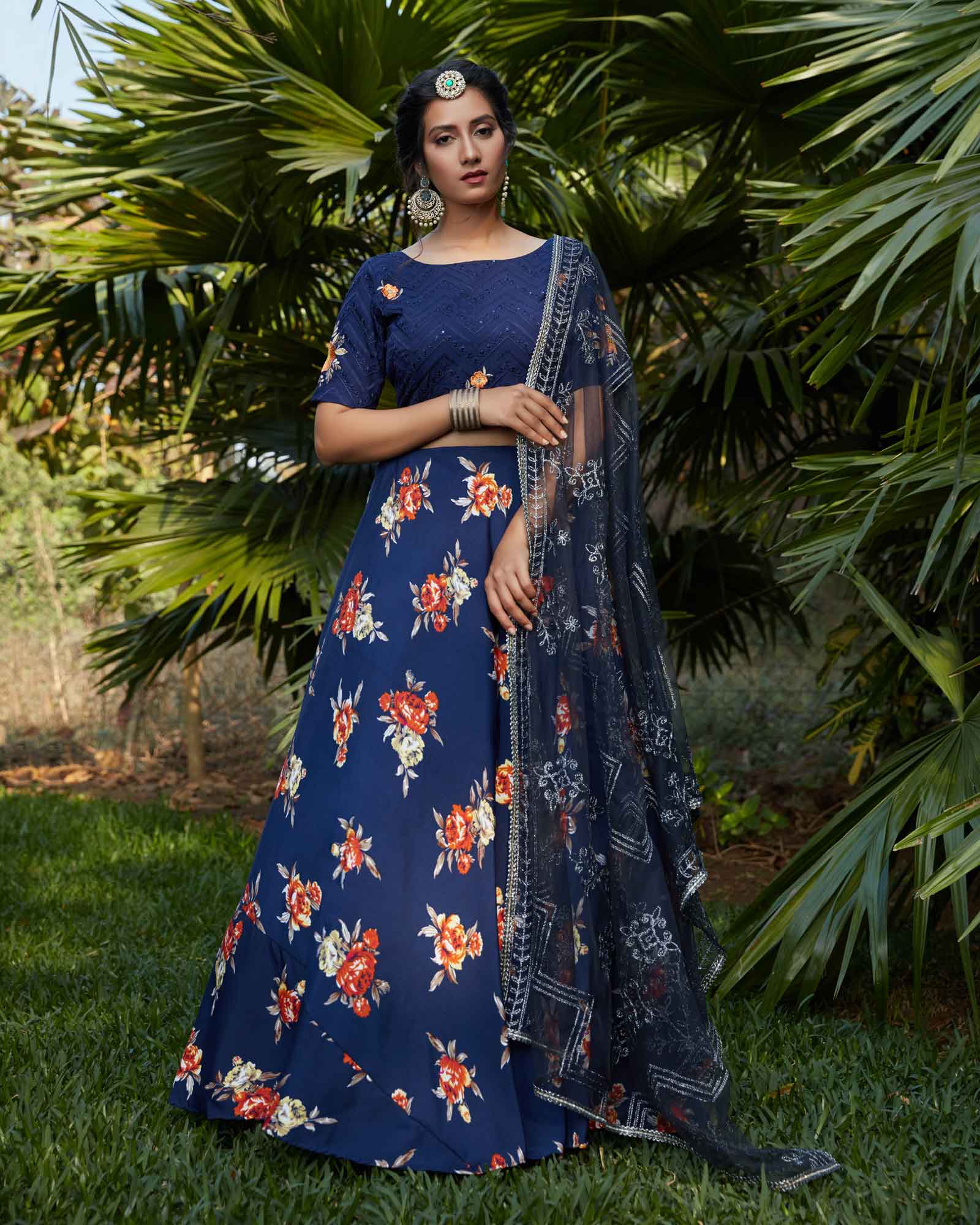 Blue Floral Printed Lehenga Choli With Dupatta