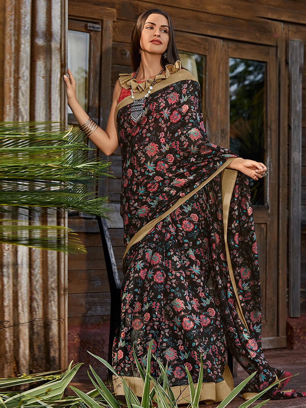 Black Cotton Blend Printed Saree