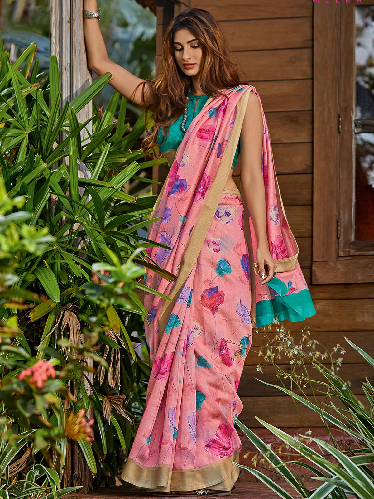 Pink Cotton Blend Printed Saree