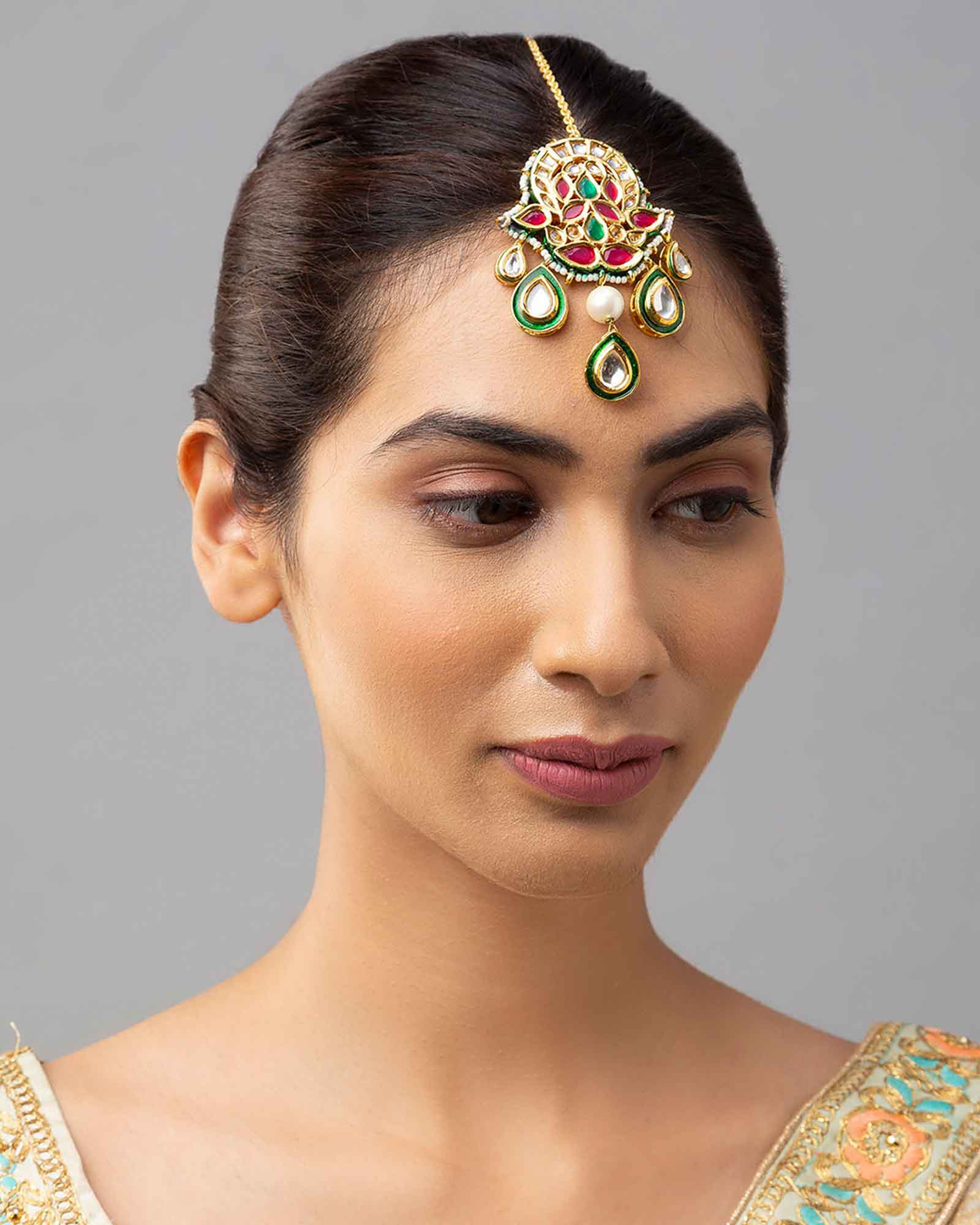 Regal Gold Meenakari Kundan Polki Maang Tikka