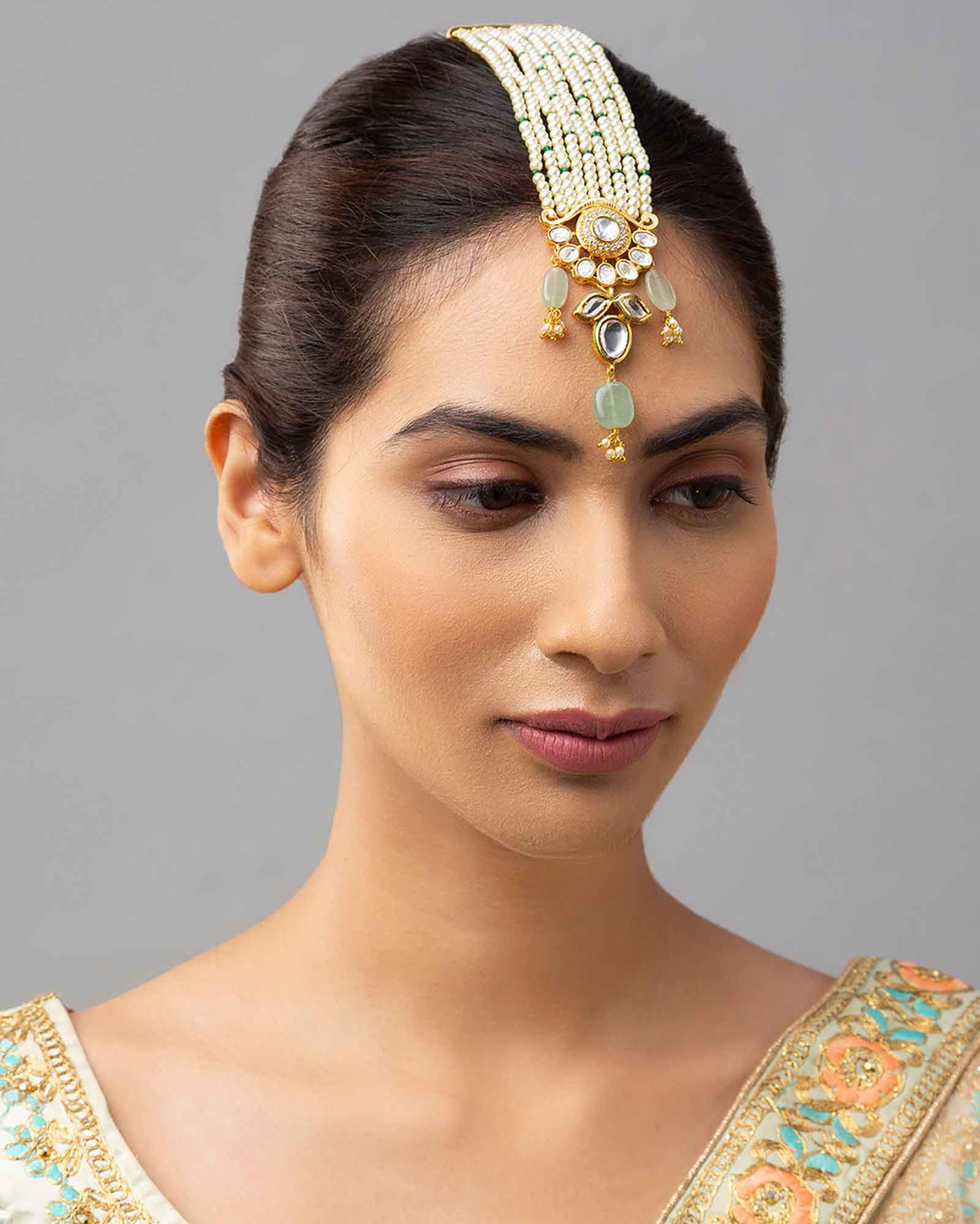 Hydro Kundan Polki Maang Tikka in Gold with Lush Green Jade Drops  
