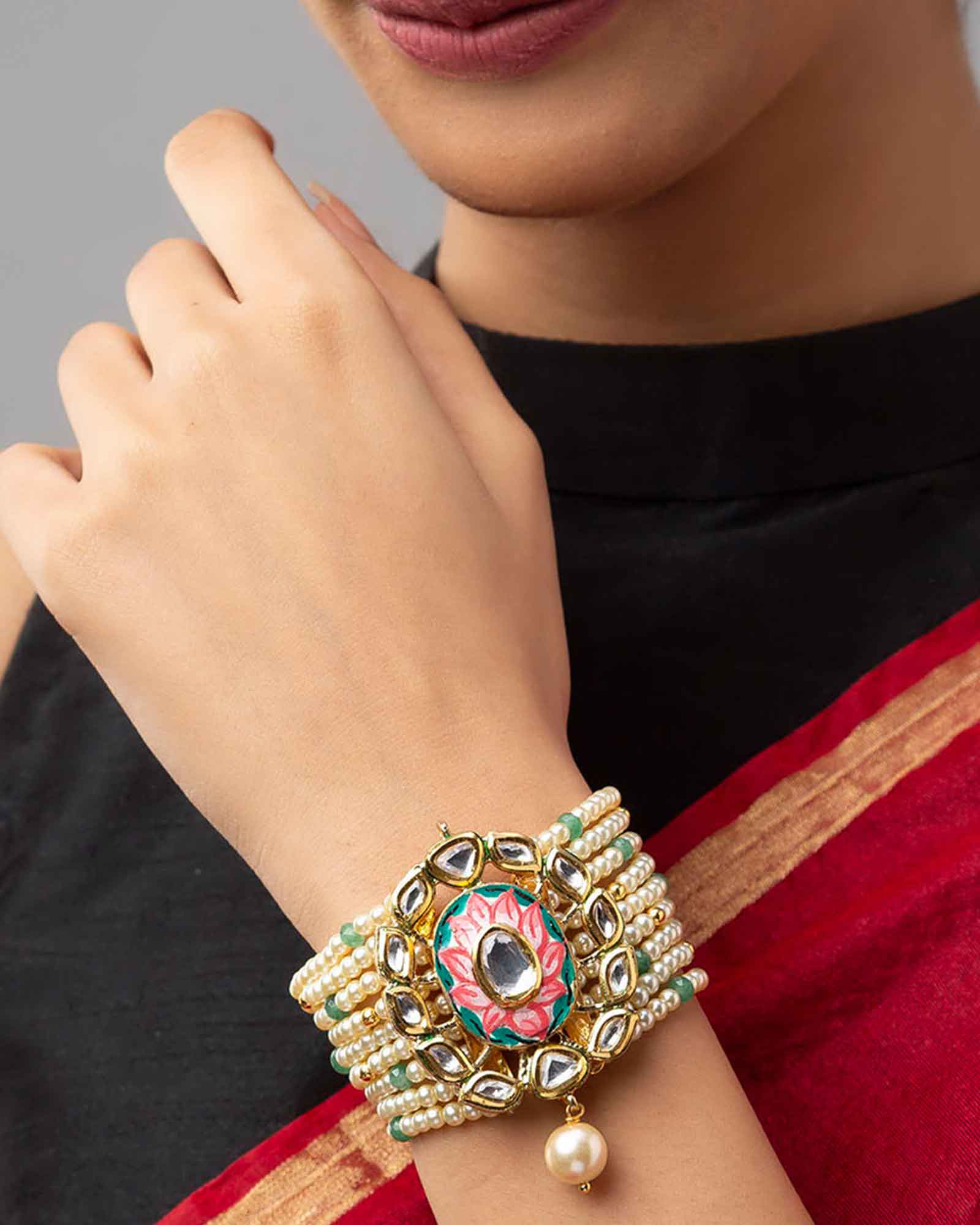 Deluxe Meenakari Gold Bracelet with Hydro Kundan Polki Work