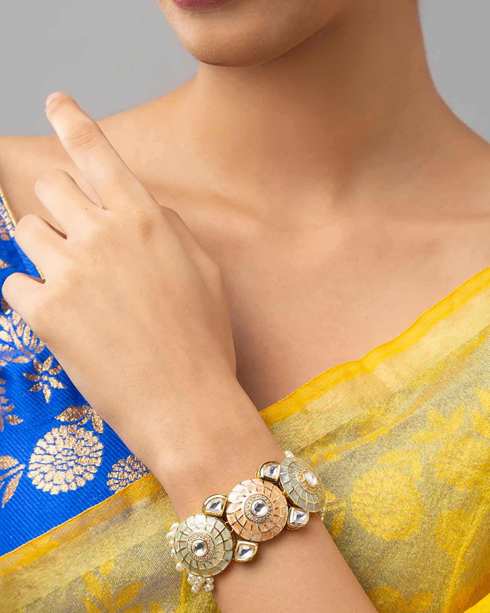 Beautiful Meenakari Gold Bracelet in Hydro Kundan Polki Handwork  