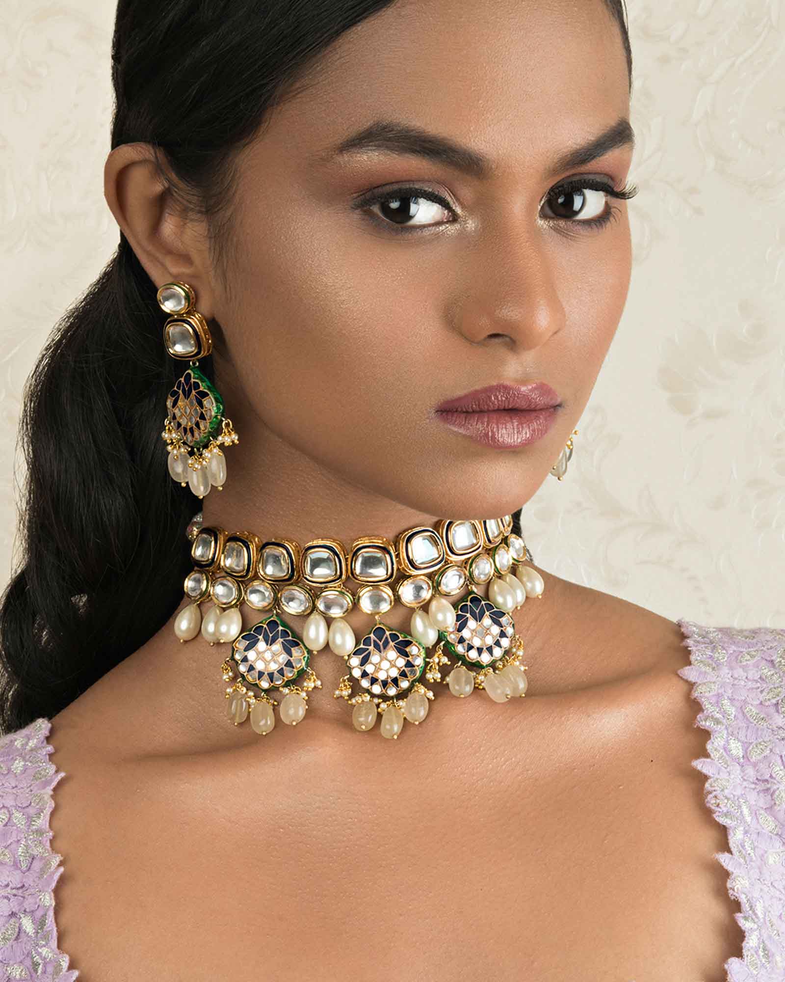  Charming Enamelled Blue Kundan Necklace And Earrings Set