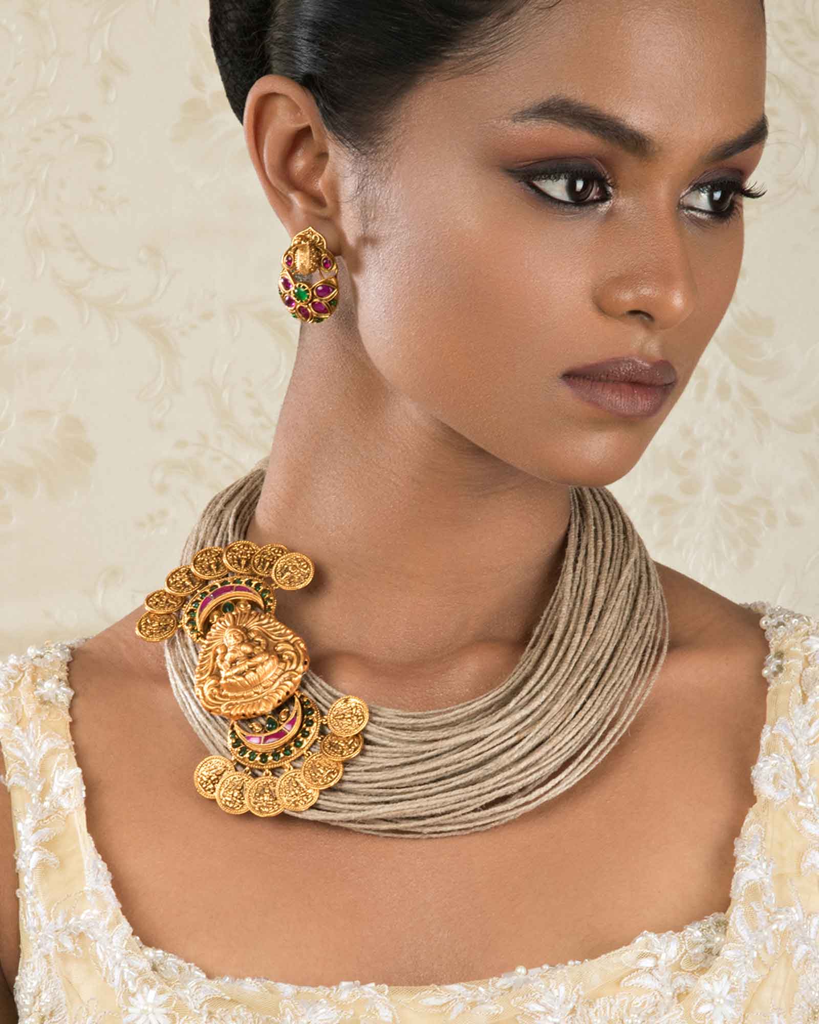 Divine Decadence Beige And Gold Jute Thread, Gold Pendant Necklace And Earrings Set