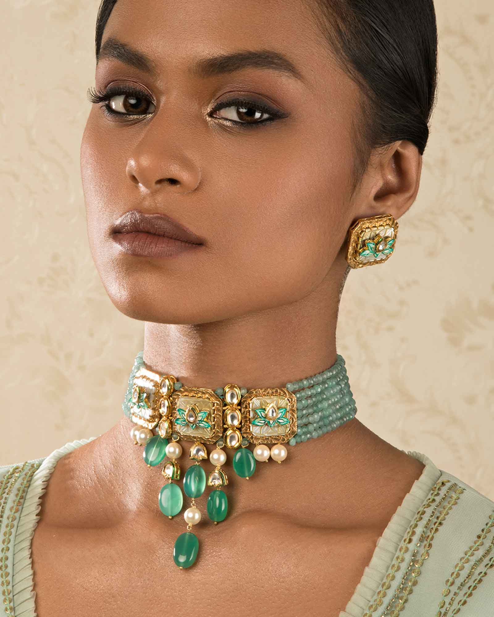  Enigma Green Enamelled Kundan Necklace And Earrings Set