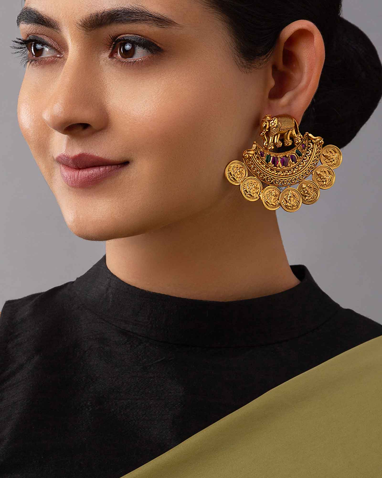 Elegant Gold Carved Temple Earrings With Hydro Rubies And Emeralds