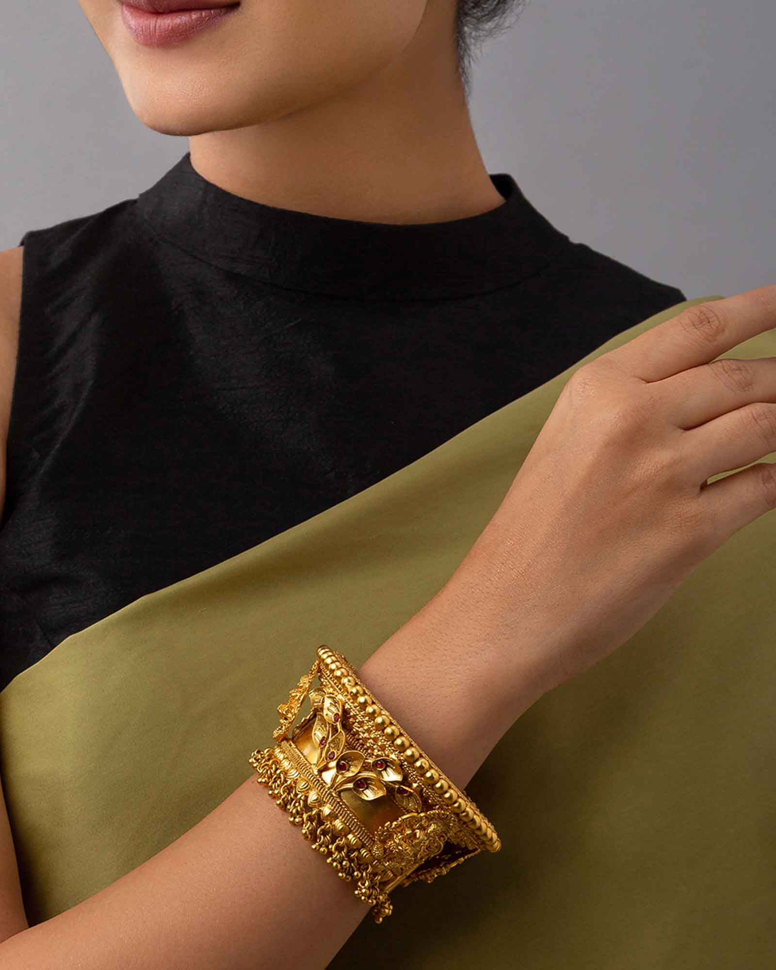 Deluxe Gold-Plated Carved Temple Bangles With Hydro Rubies 