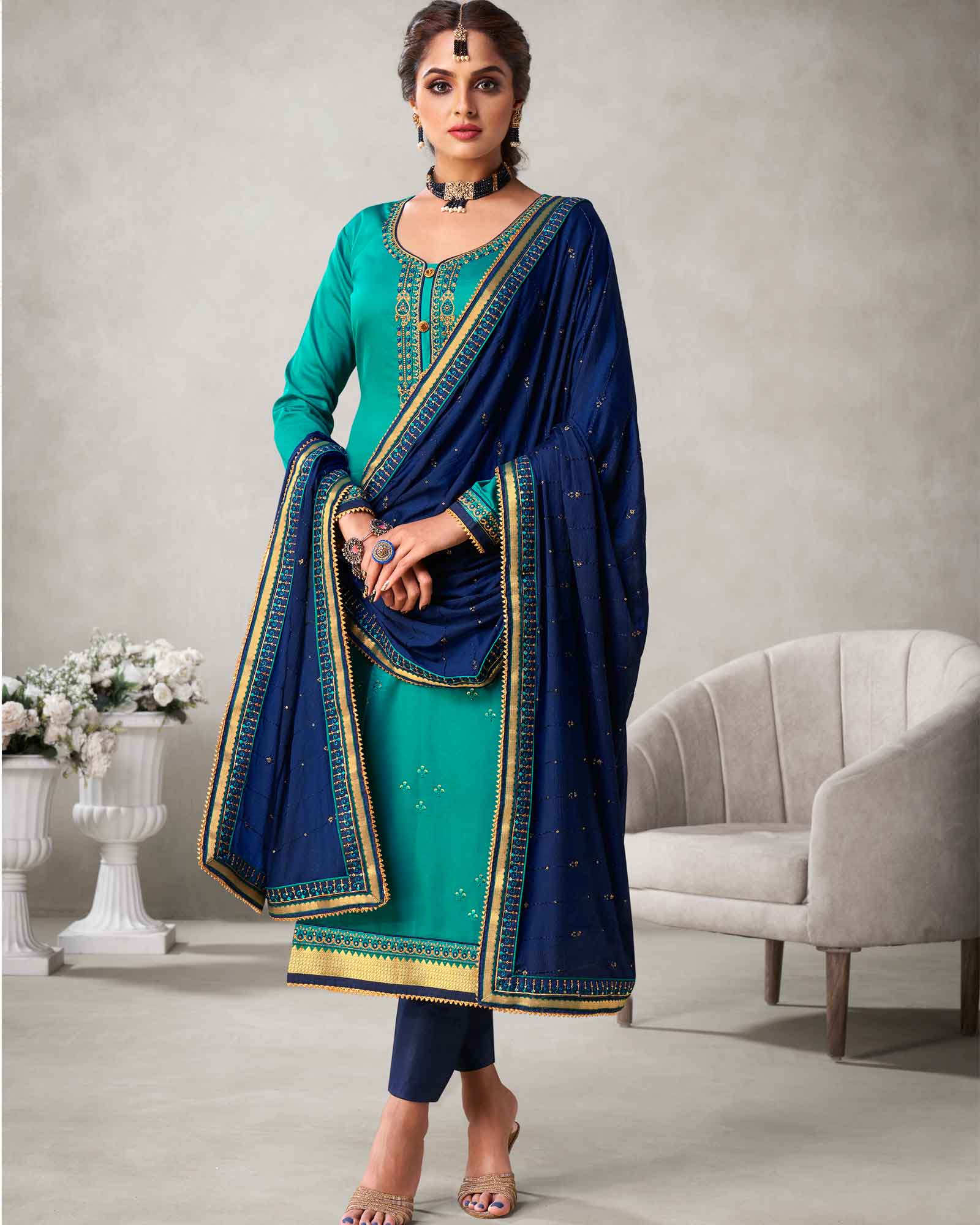 Green and Blue Floral Embroidered Work Unstitched Dress Material