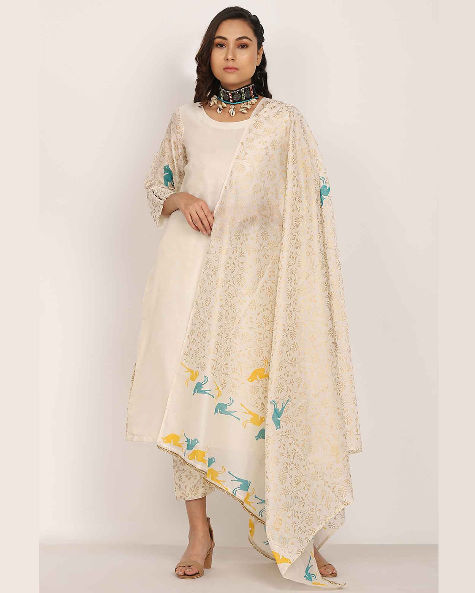 White Block Printed Zunairah Suit Set