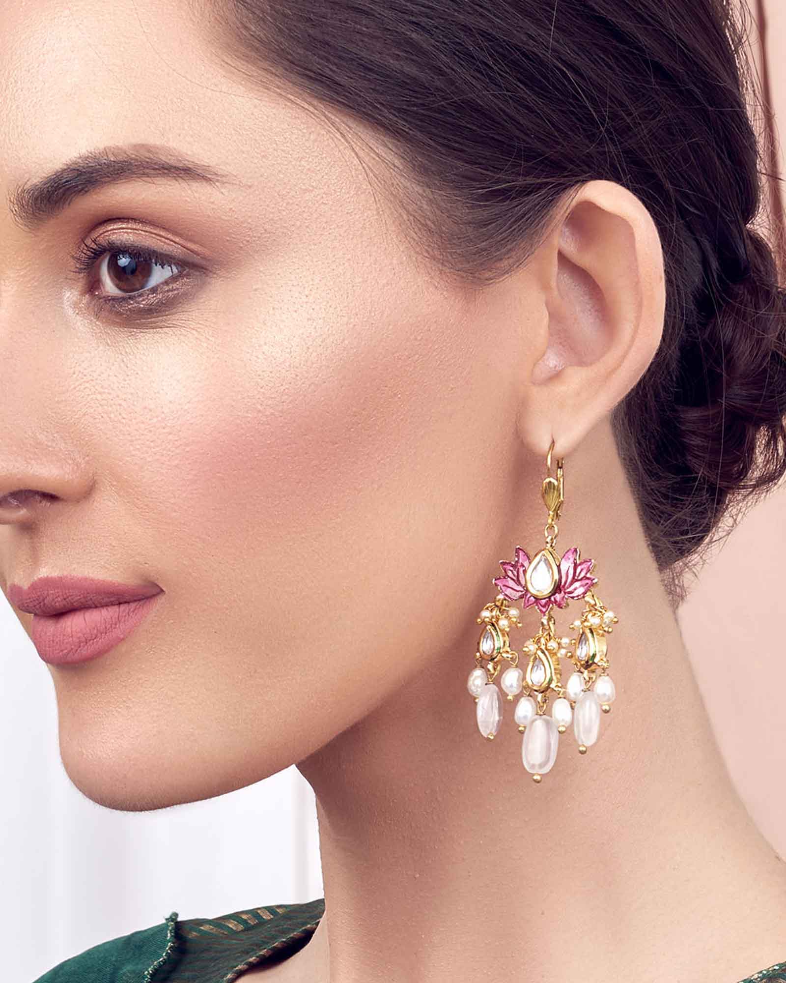 White Pink Gold Tone Kundan Polki Earrings 