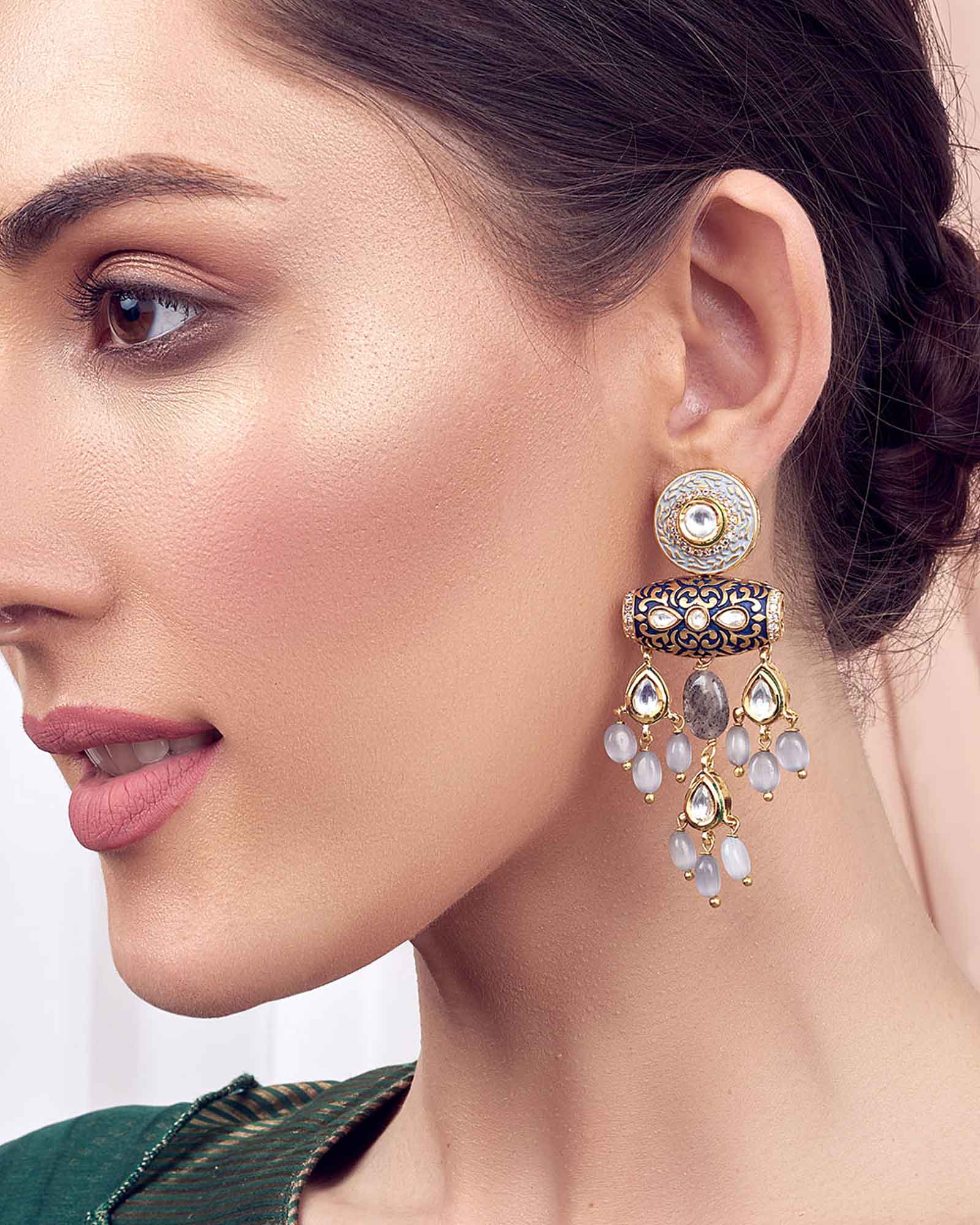 Black and Grey Gold Tone Kundan Earrings 