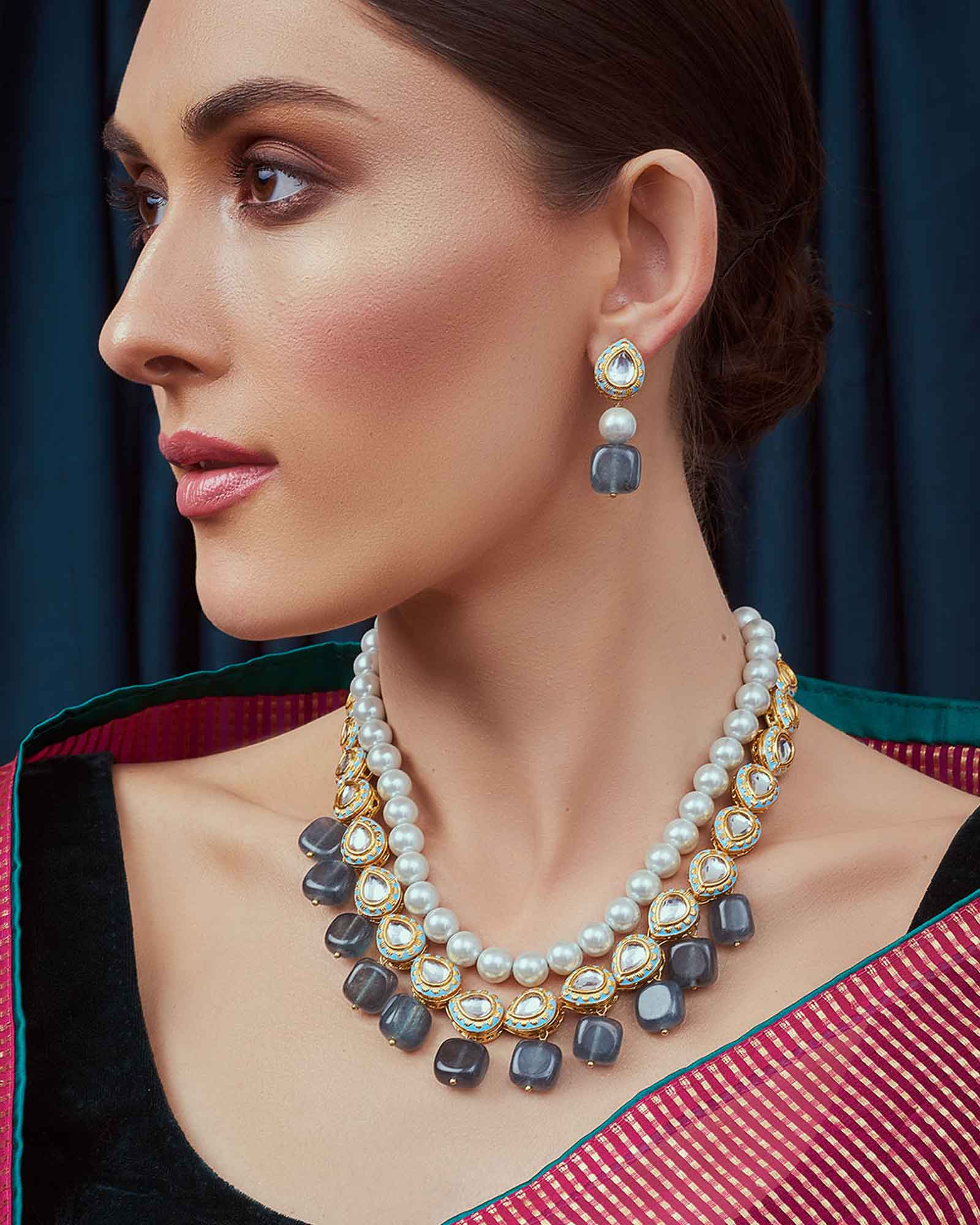 Blue Grey Gold Tone Pearl Necklace Set 