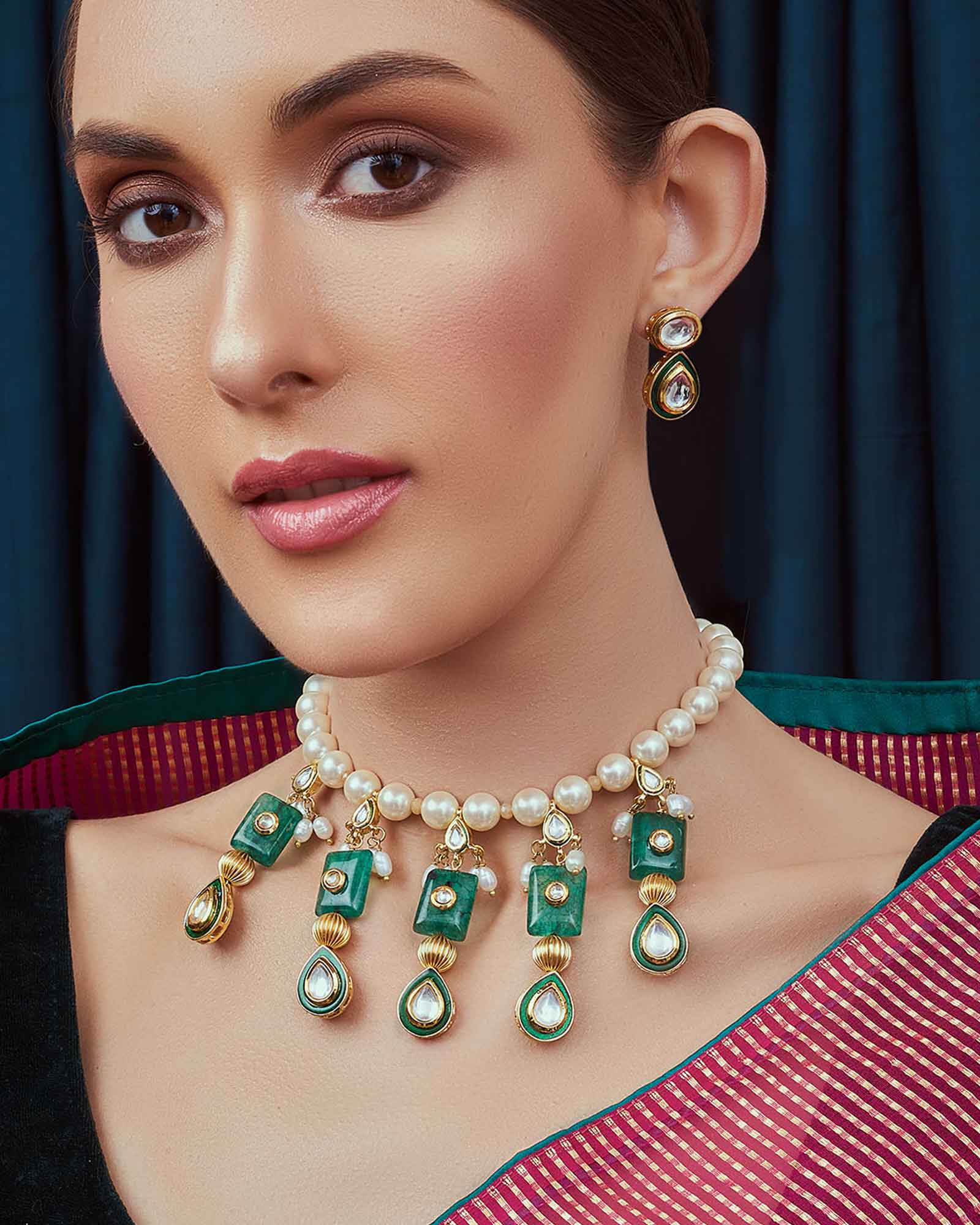 Bridal White Green Gold Tone Kundan Necklace Set