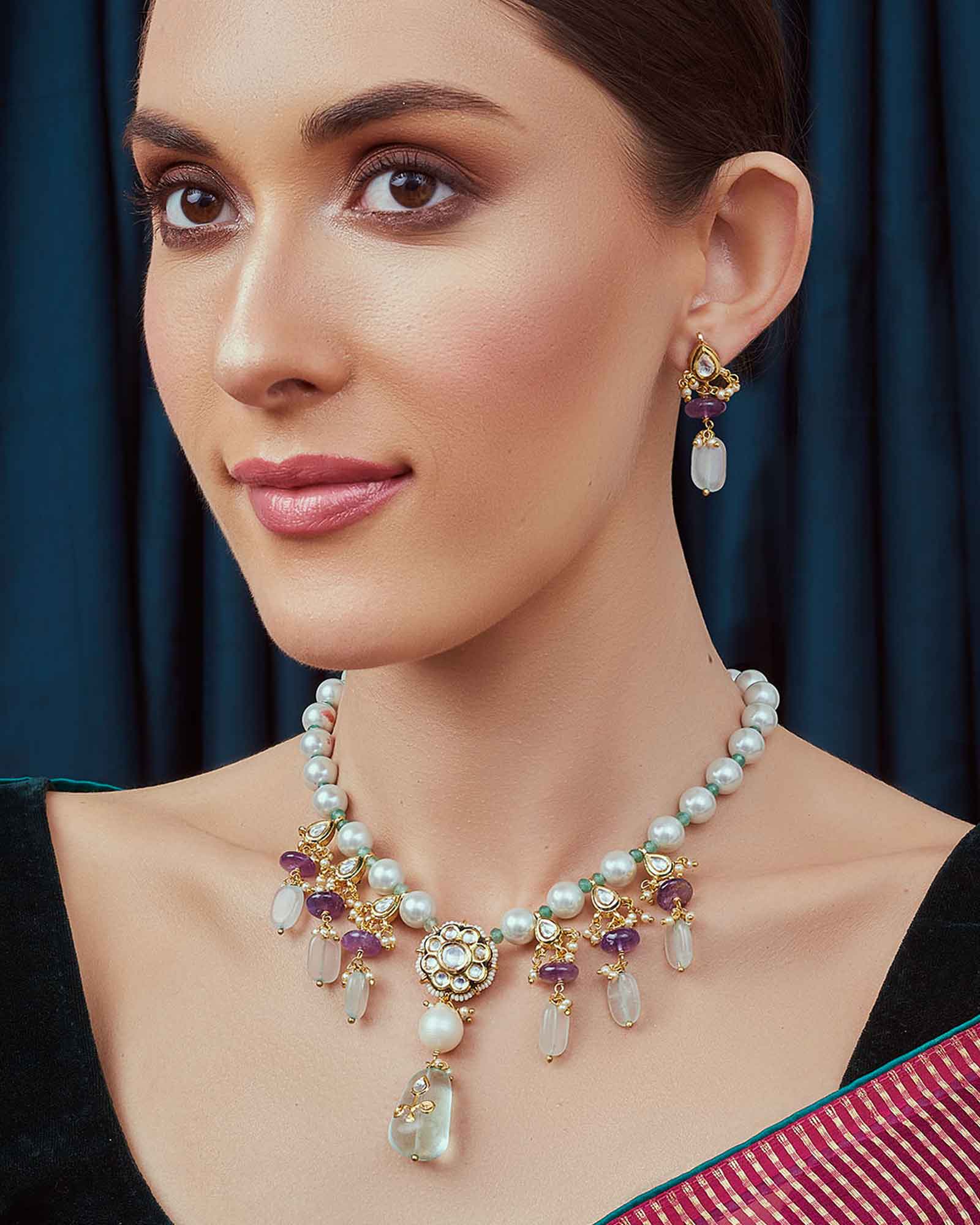 Amethyst Blue Gold Tone Kundan Necklace  