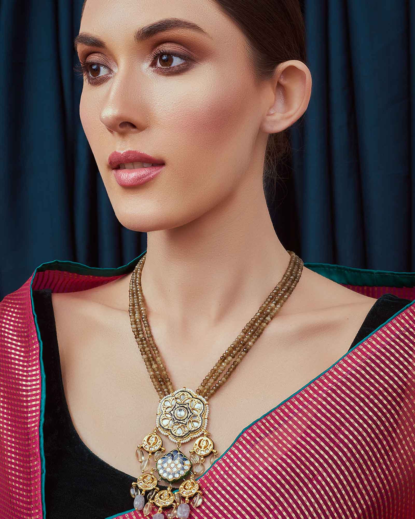 Grey Gold Tone Meenkari Kundan Necklace  