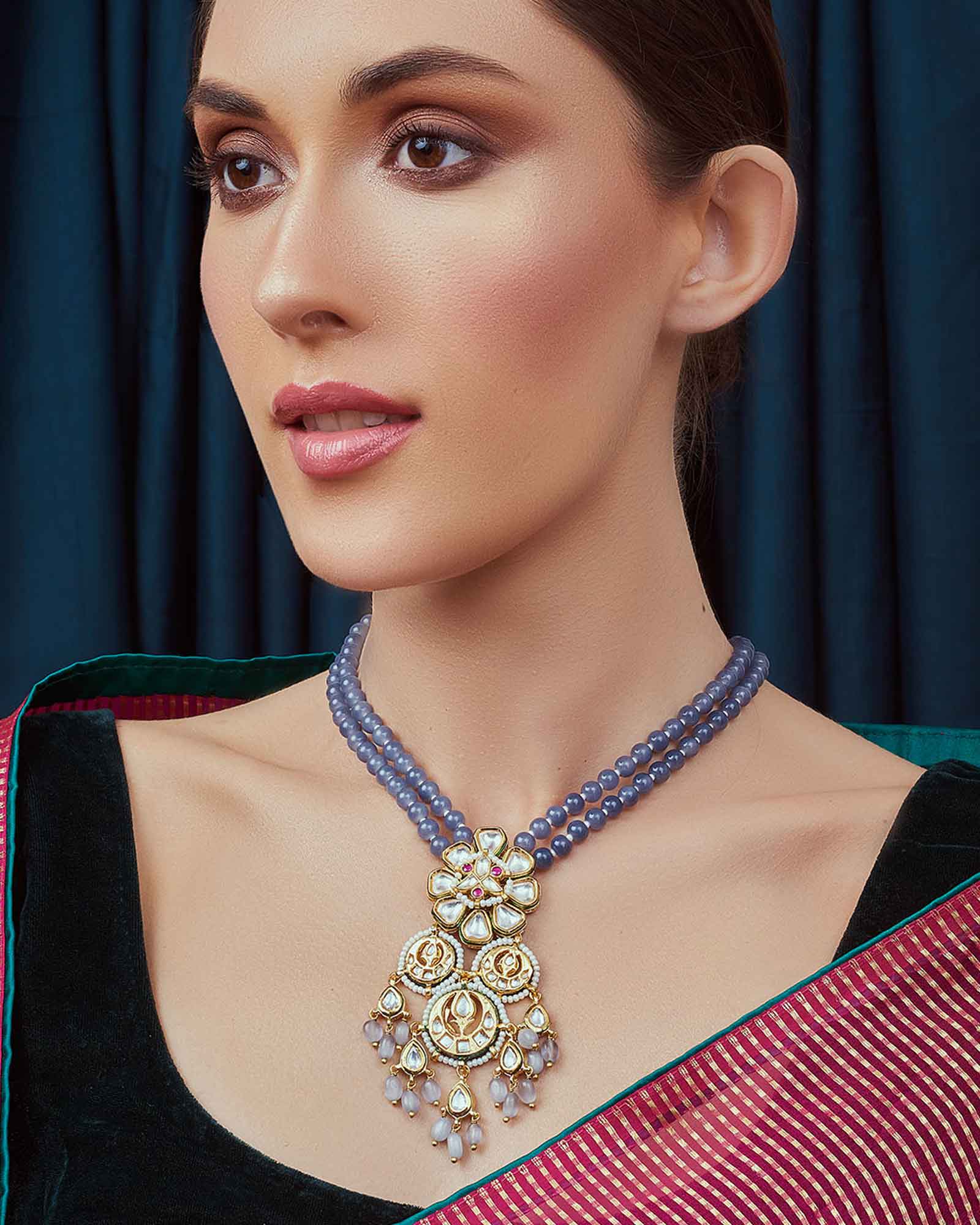 Blue Gold Tone Studded Kundan Necklace  