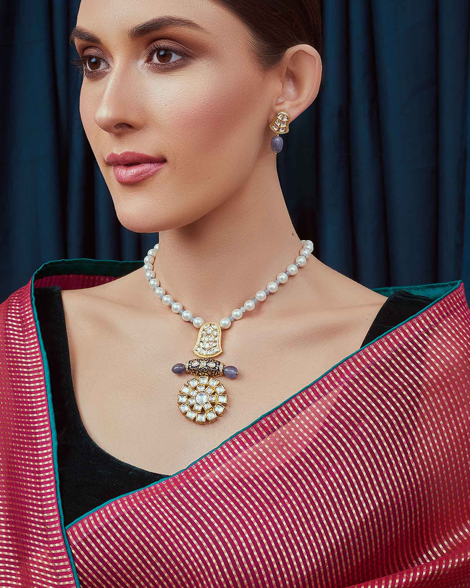 Blue White Gold Tone Pearl Necklace Set 