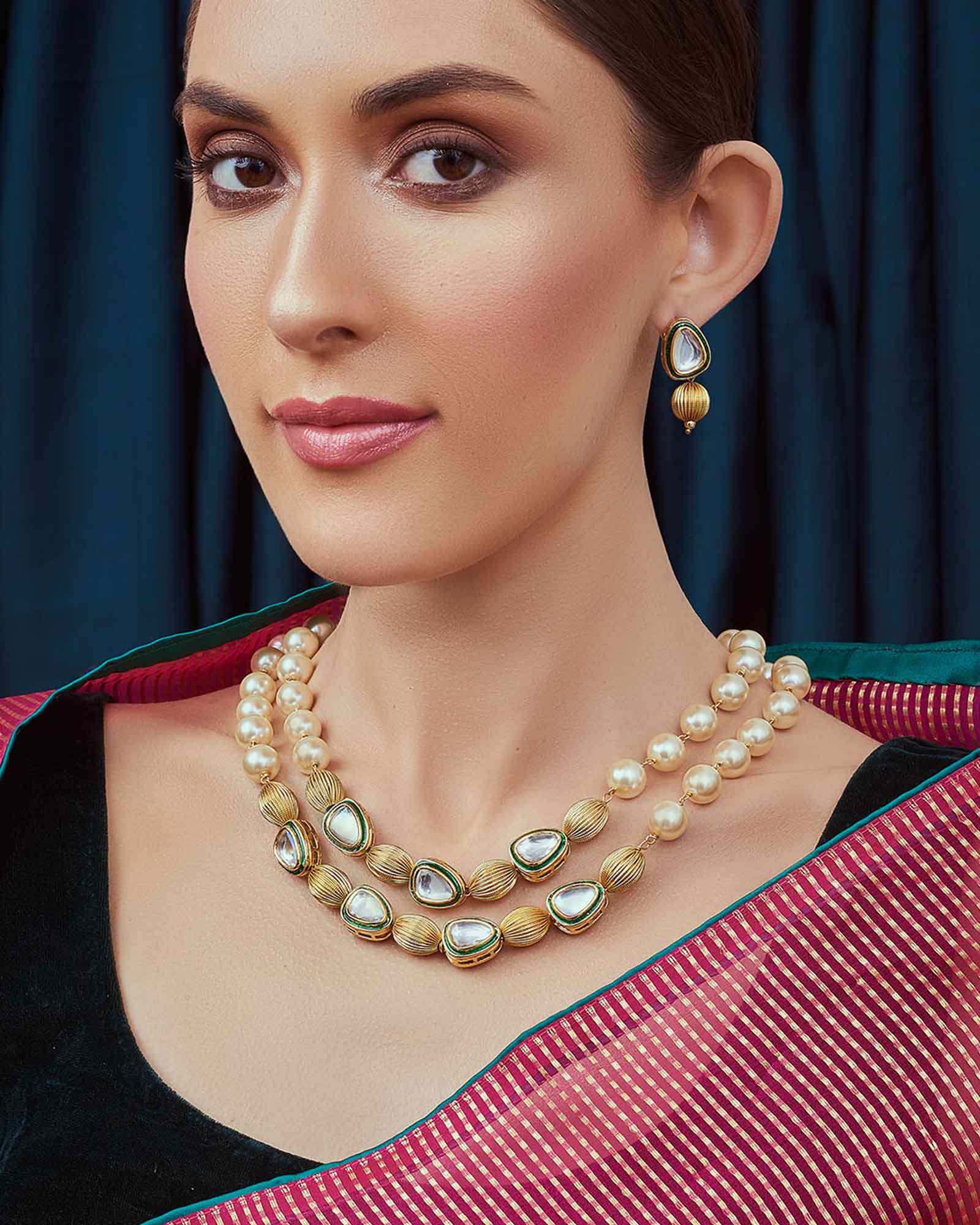 Meenakari Gold Tone Beaded Pearl Necklace Set