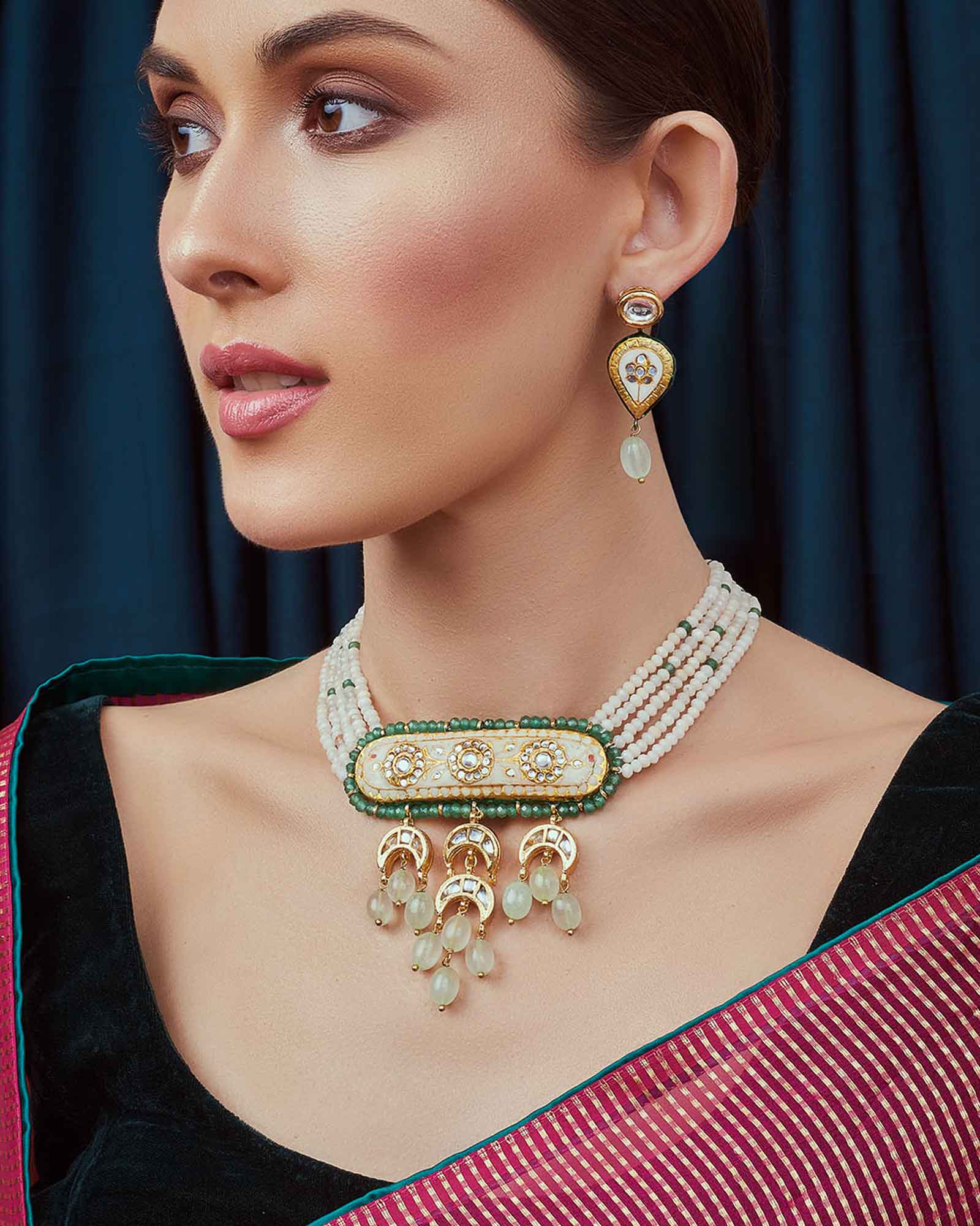 Green White Gold Tone Meenkari Necklace Set